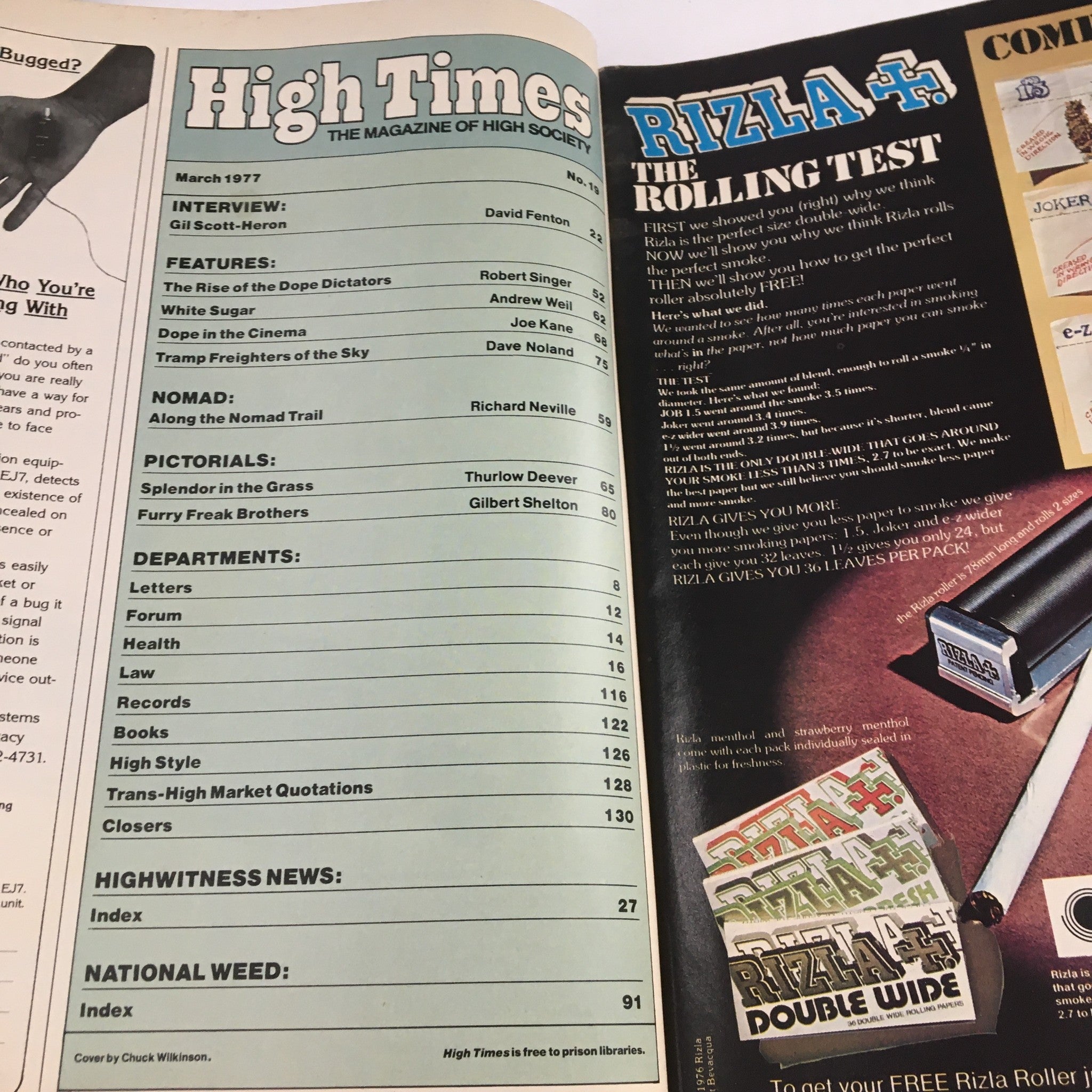Inside page of High Times Magazine March 1977 showcasing the table of contents including features and articles on the history of cannabis and movie culture. It lists contributors and thematic sections such as 'The Rise of the Dope Dictators' and 'Dope in the Cinema'.
