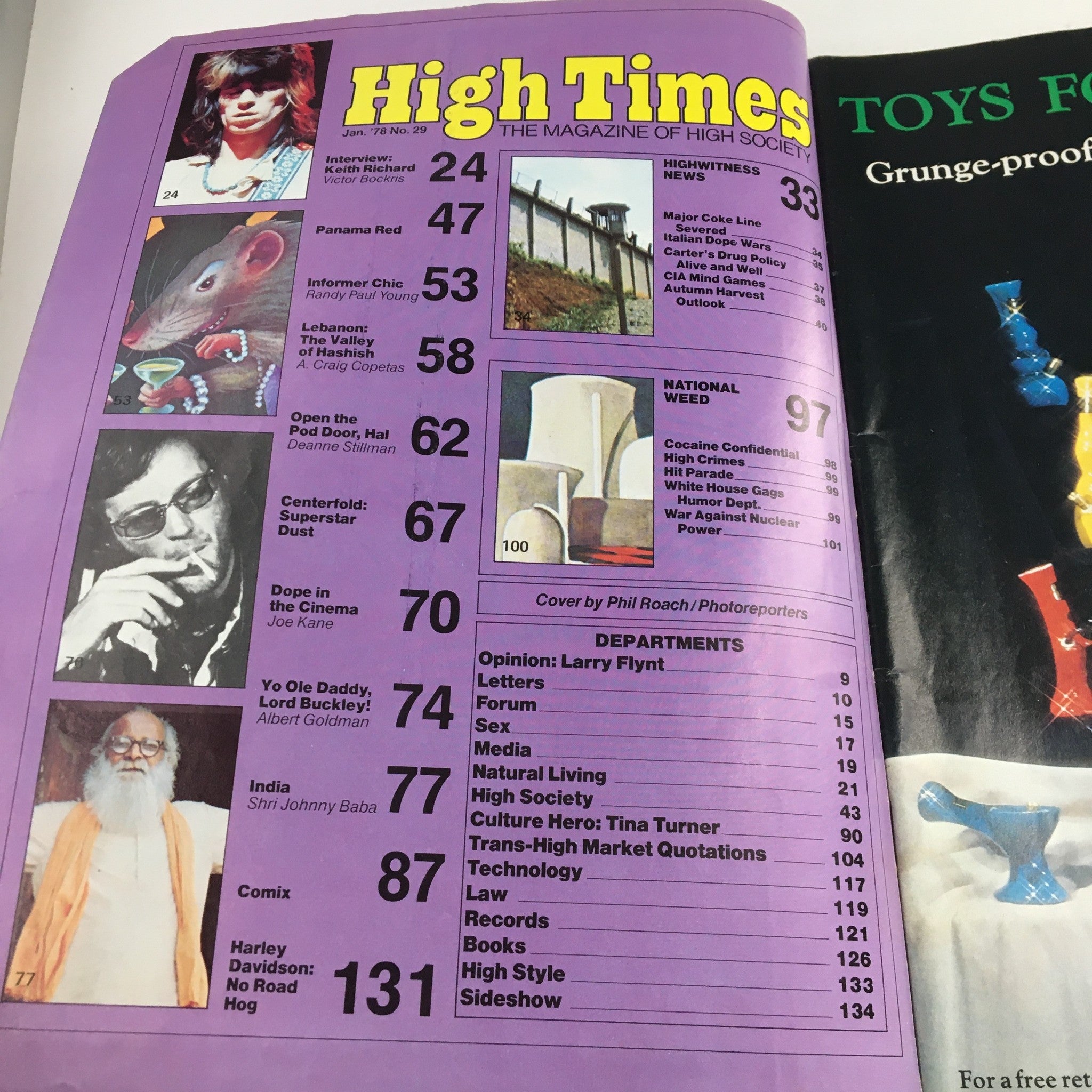 Interior page from High Times Magazine January 1978, displaying the table of contents with featured articles including Keith Richards and topics such as Dope in Cinema.
