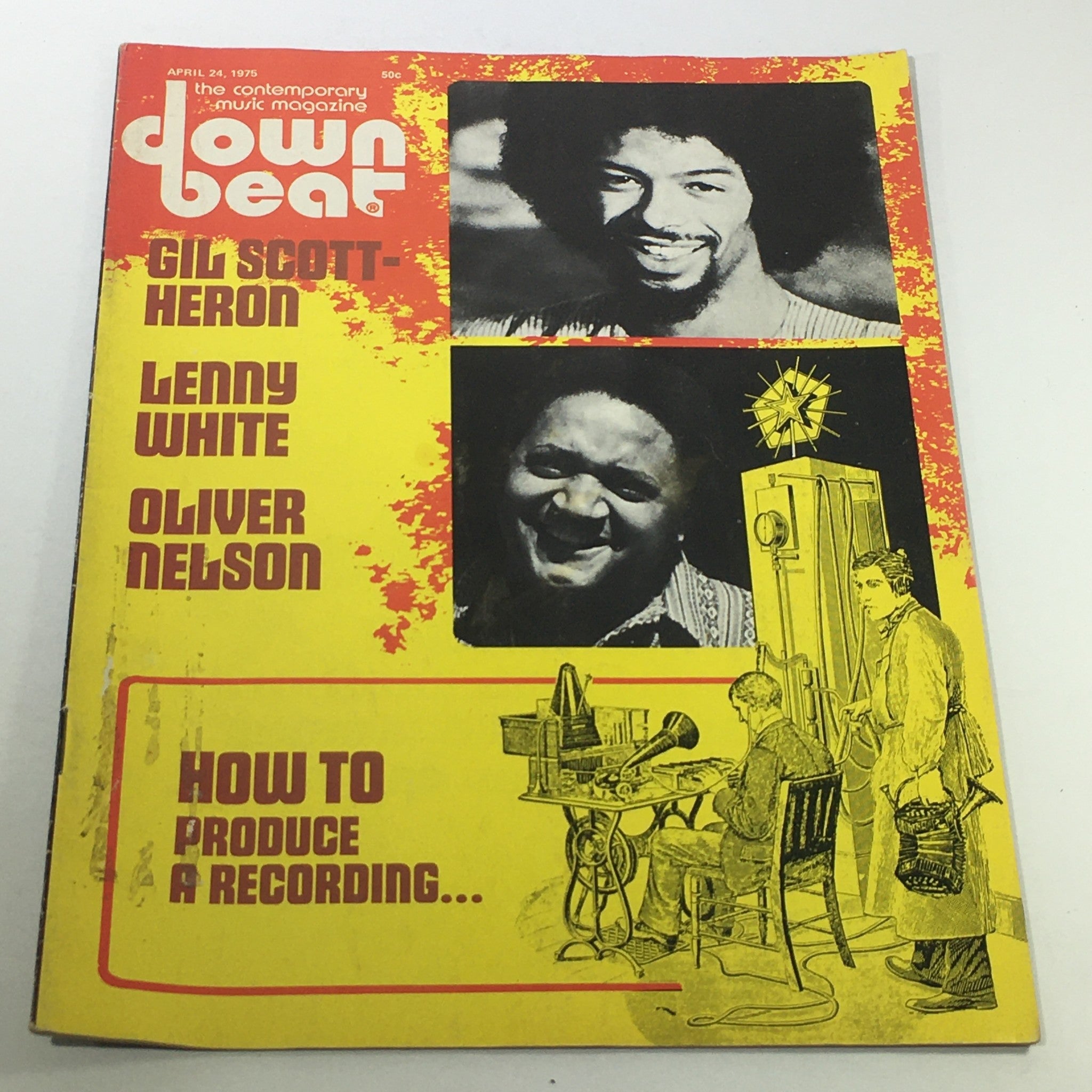 Cover of VTG Down Beat Magazine dated April 24, 1975 featuring Gil Scott-Heron, Lenny White, and Oliver Nelson with vibrant yellow design.