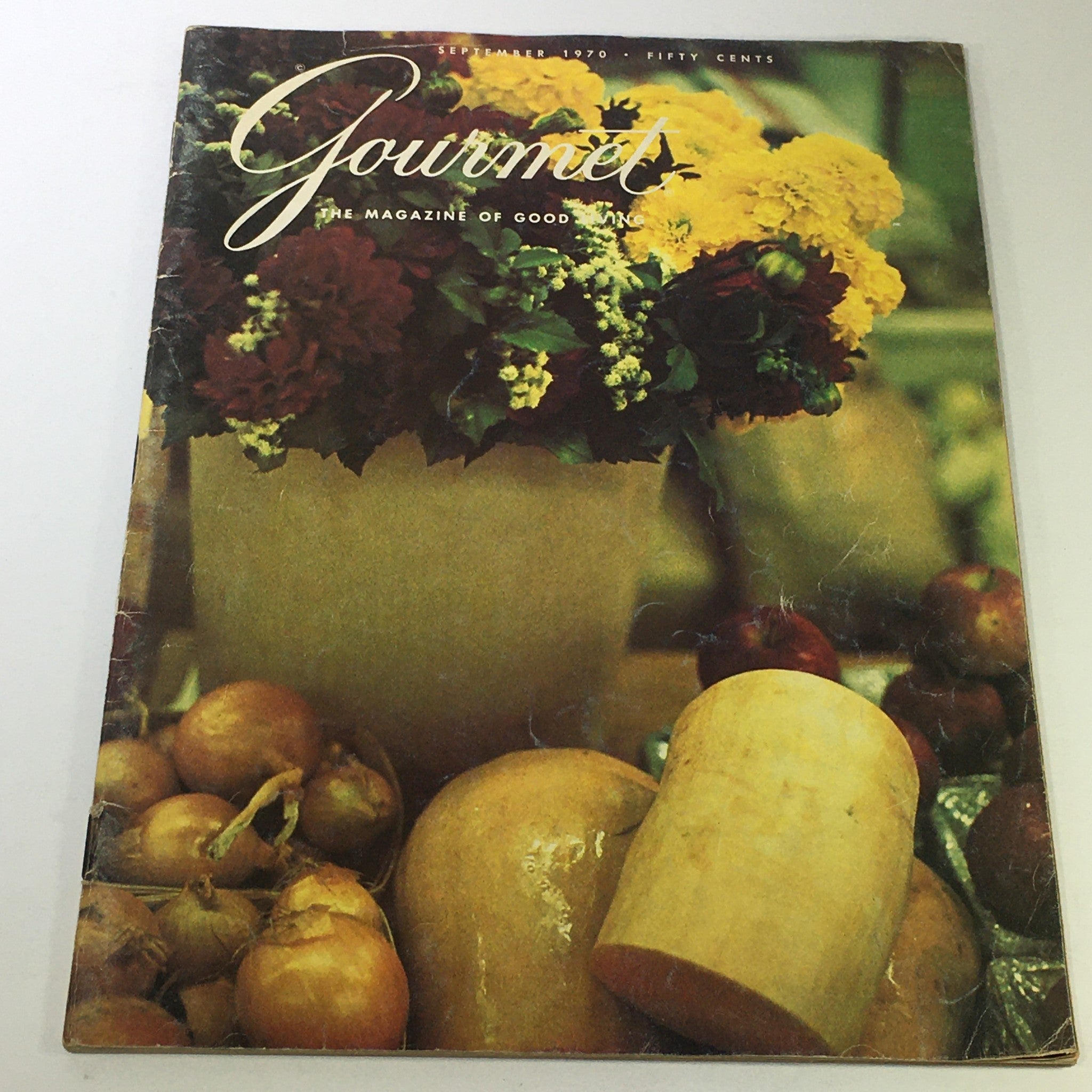 Cover of VTG Gourmet The Magazine of Good Living September 1970 showcasing colorful flowers and fruits, representing culinary culture.