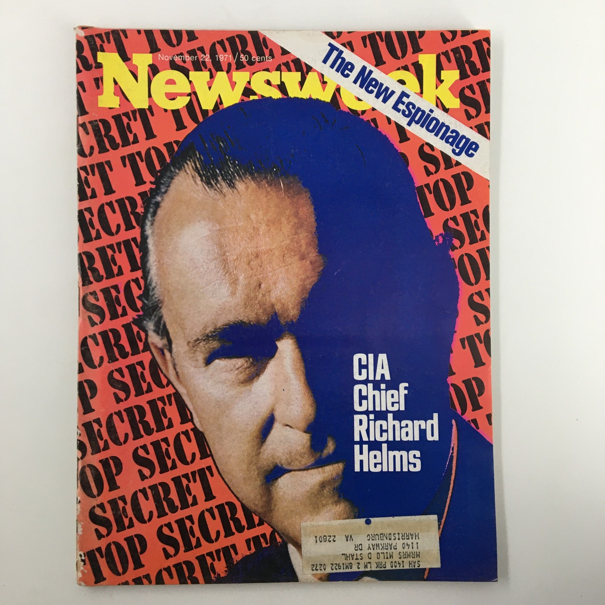 VTG Newsweek Magazine cover from November 22, 1971, featuring CIA Chief Richard Helms with the title 'The New Espionage', showcasing a vintage design and historical significance.