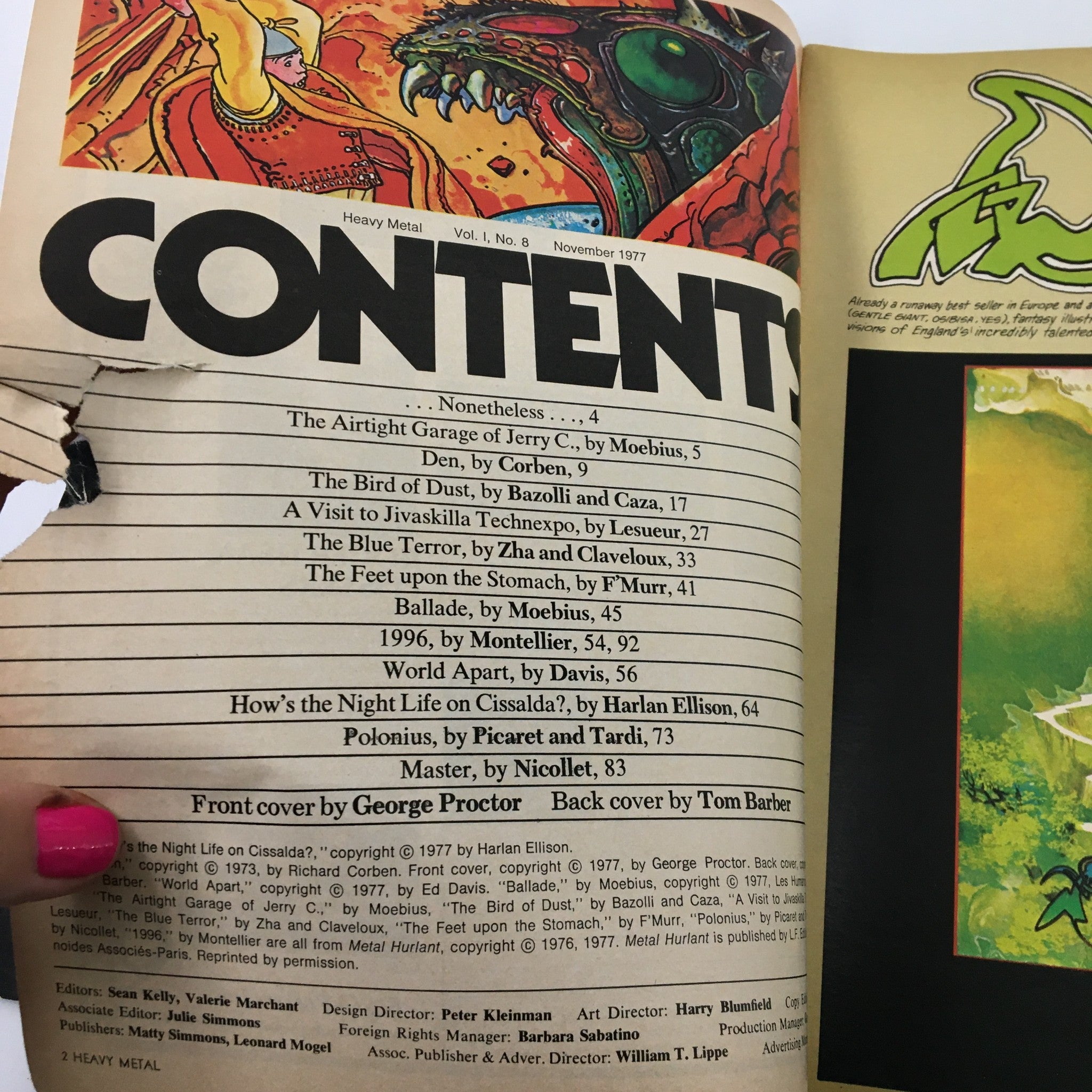 Interior view of the contents page from the VTG Heavy Metal Magazine November 1977 Vol I #8 The Feet Upon Stomach, featuring a list of stories and contributors.
