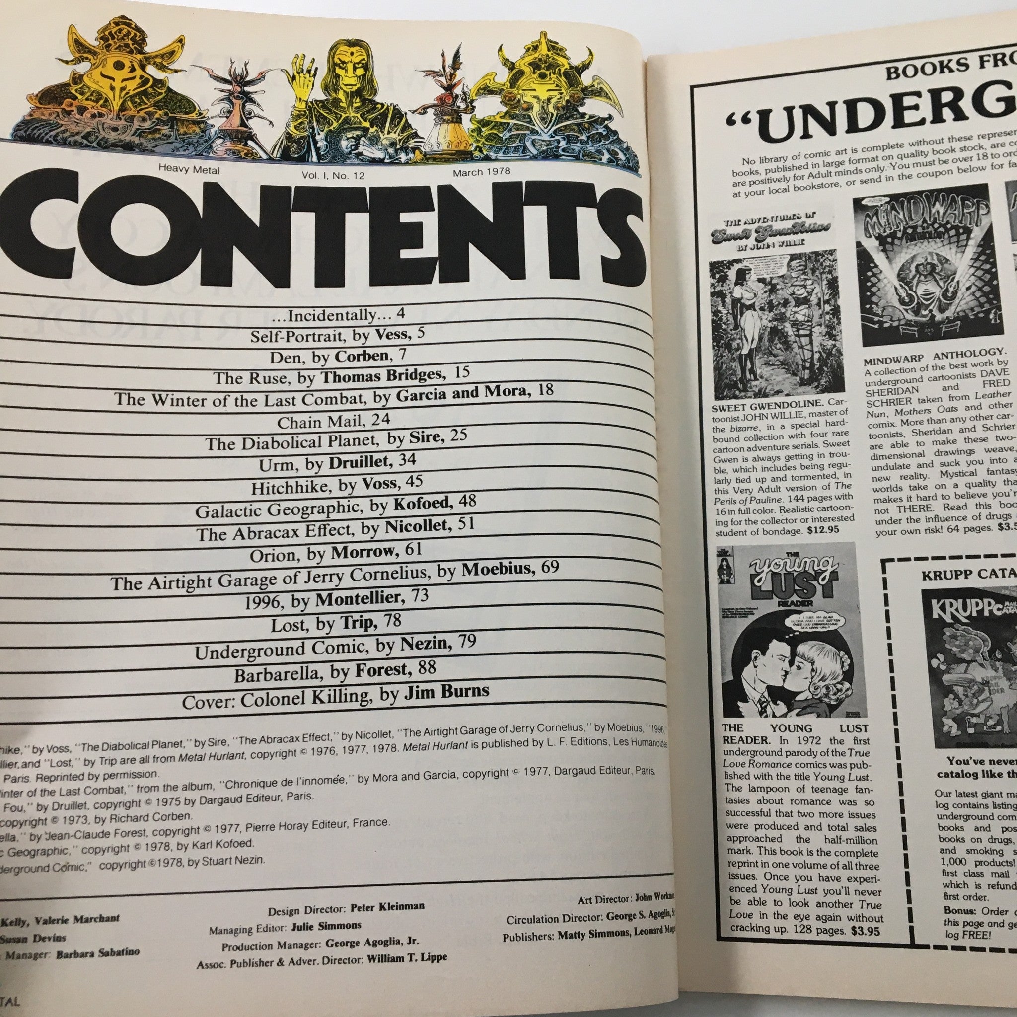 Table of contents page from VTG Heavy Metal Magazine March 1978 Vol I #12, listing featured stories and artwork, including contributions from various artists of the era.