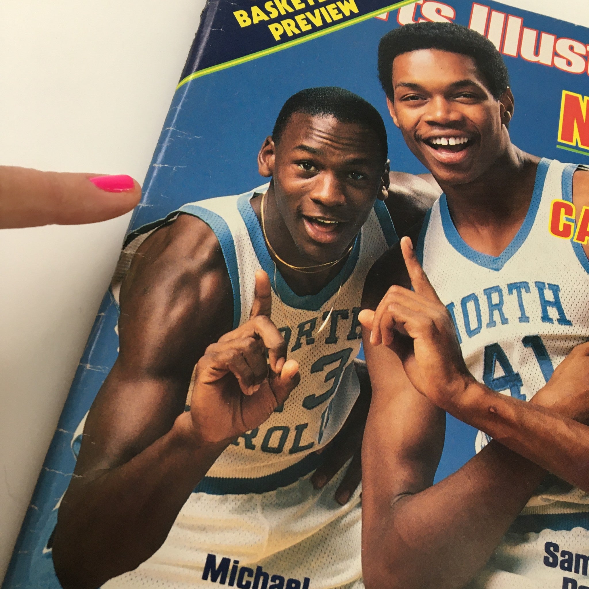 Cover of VTG Sports Illustrated Magazine from November 28, 1983 featuring Michael Jordan and Sam Perkins, showcasing their North Carolina jerseys and celebrating basketball history.