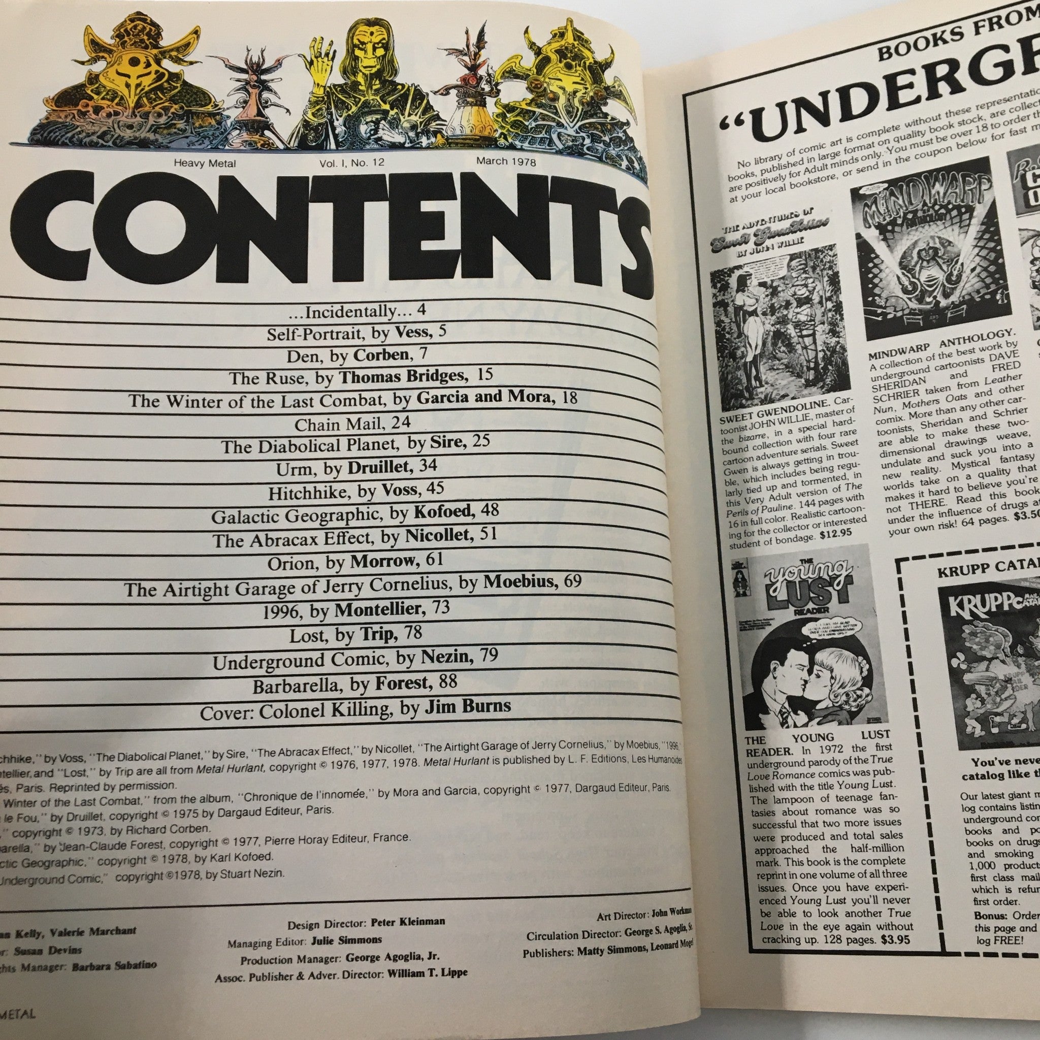 Interior page of VTG Heavy Metal Magazine, March 1978, Vol I #12, displaying the table of contents listing various stories and artists contributing to the issue.