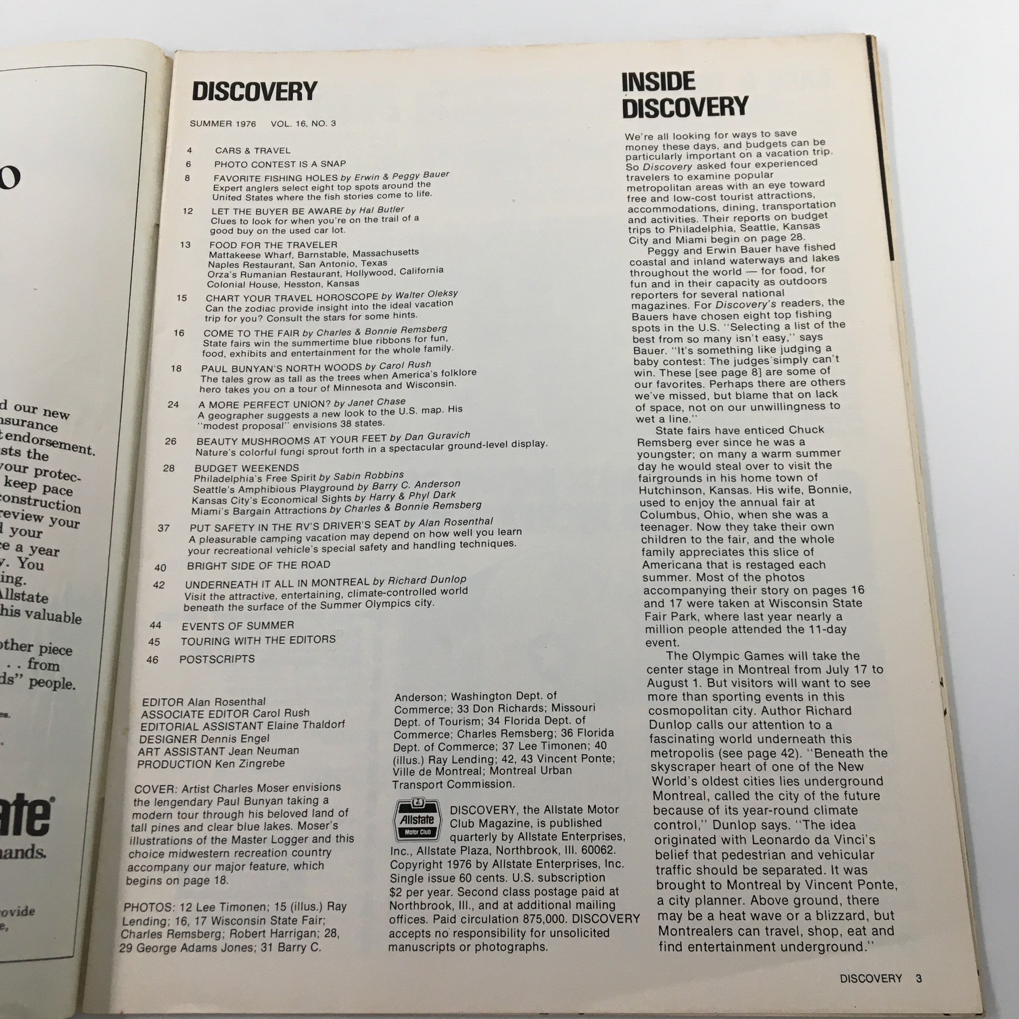 Table of contents page from VTG Discovery Magazine Summer 1976, highlighting featured articles and topics including Paul Bunyan and cultural explorations reflective of the mid-1970s era.