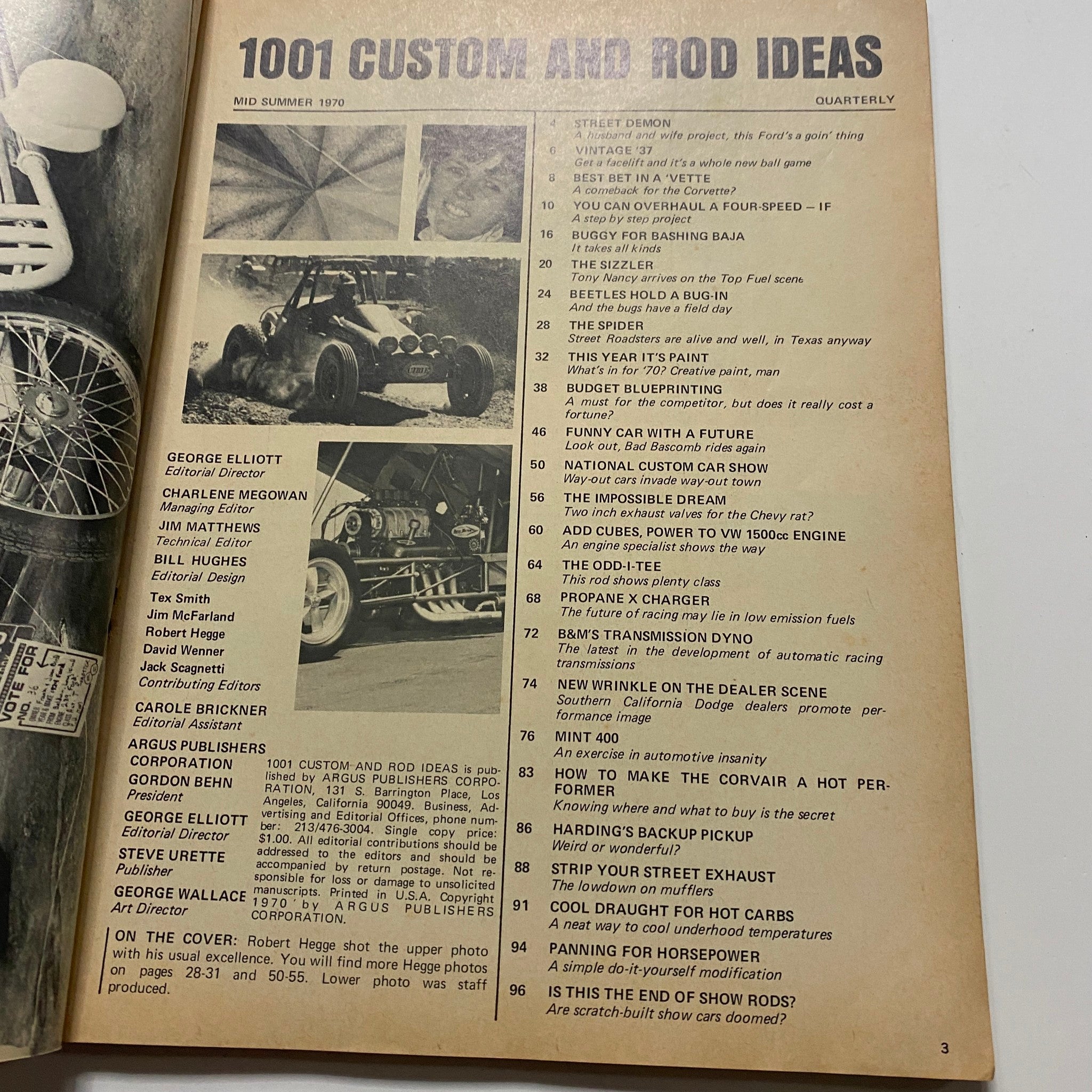 Inside of VTG 1001 Custom & Rod Ideas Magazine Mid-Summer 1970 showcasing the table of contents with various custom car topics and editorial contributors.