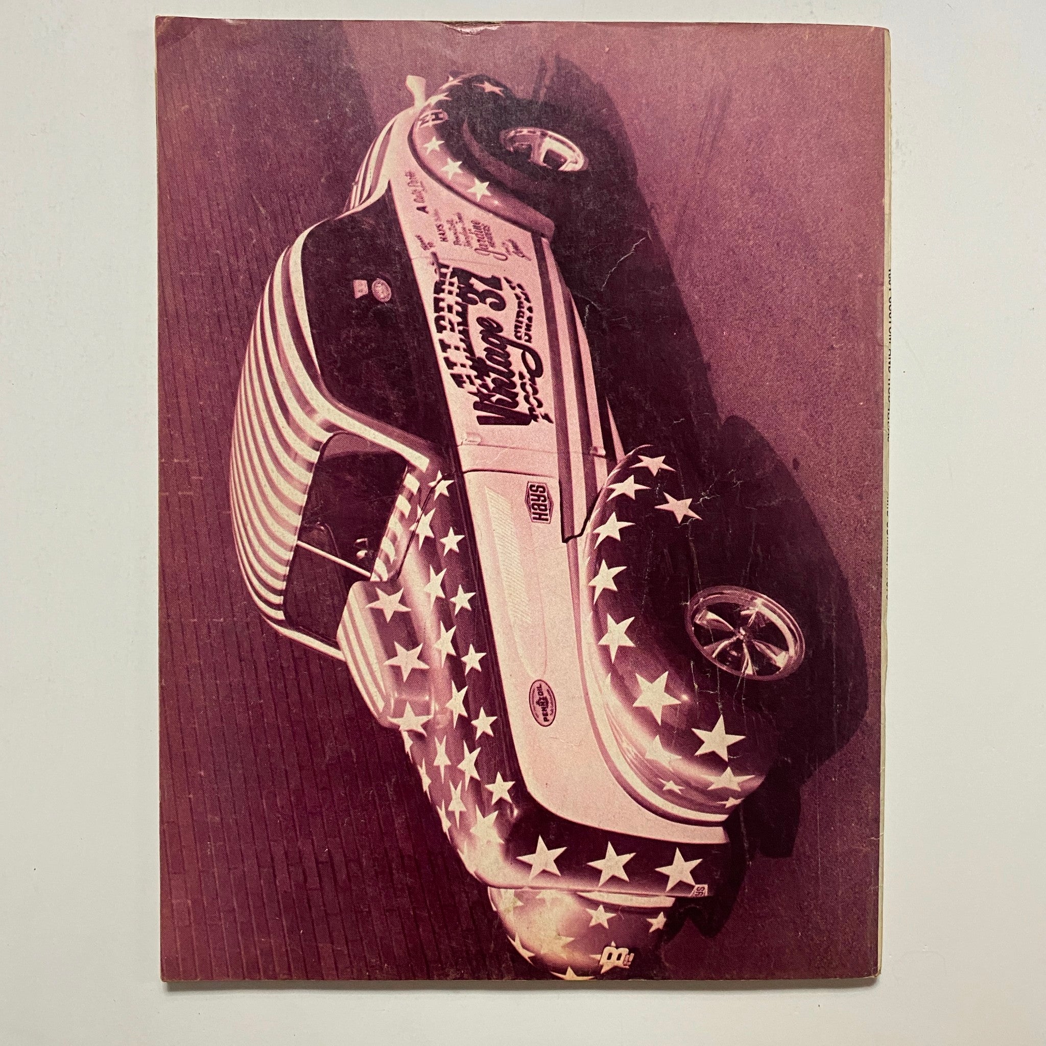 Back cover of VTG 1001 Custom & Rod Ideas Magazine Mid-Summer 1970 displaying a vintage car design with a patriotic theme, featuring stars and stripes.