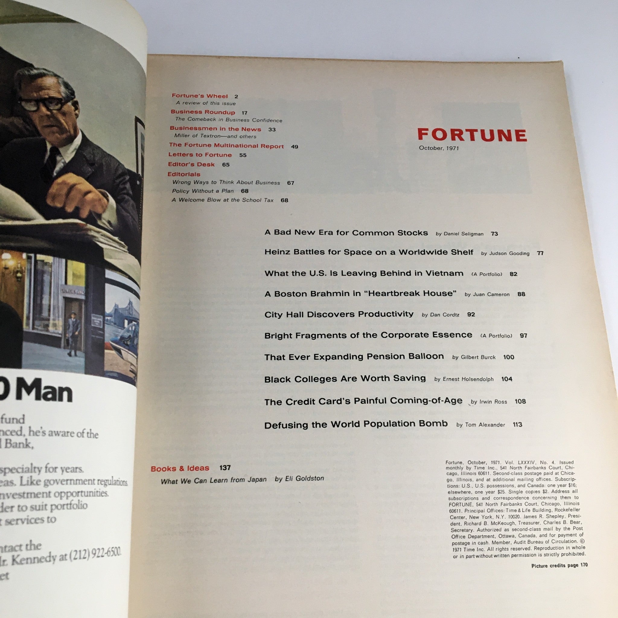 Inside page of Fortune Magazine from October 1971 showcasing the table of contents with articles related to stock market trends and economic analysis.
