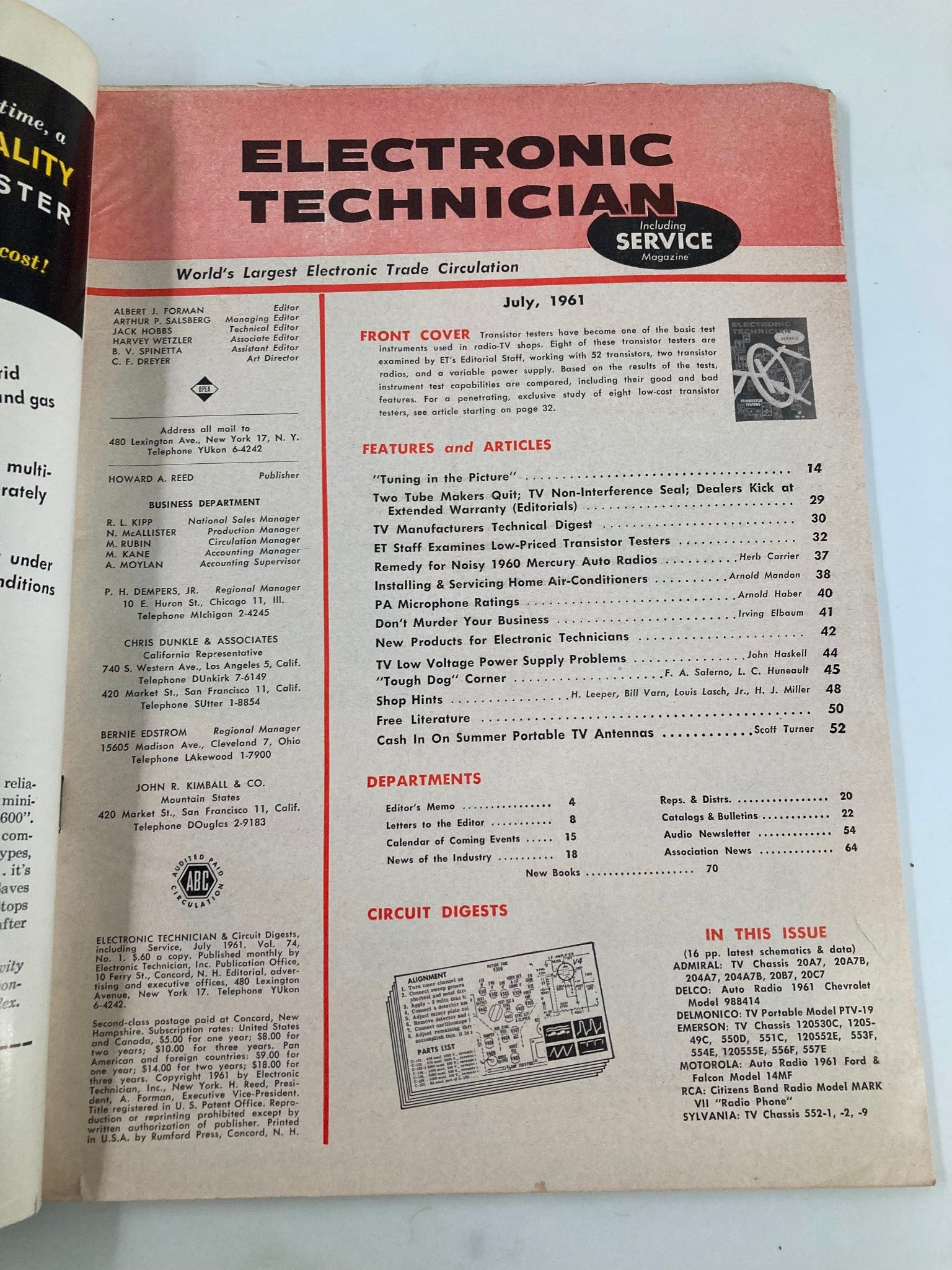 Contents page of VTG Electronic Technician Magazine July 1961 showcasing features and articles related to electronic technologies.