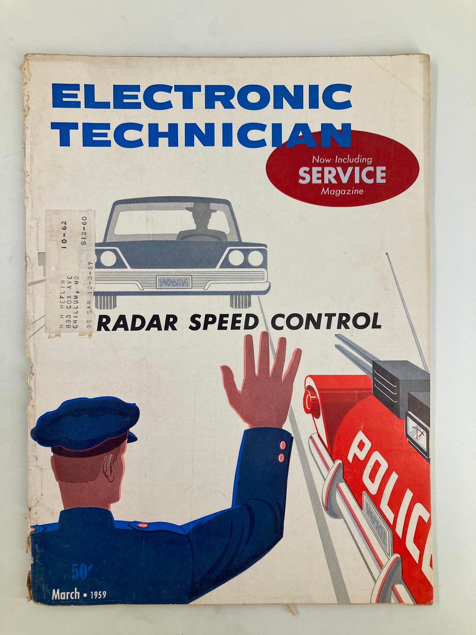 Cover image of VTG Electronic Technician Magazine from March 1959 featuring Police Radar Speed Control, showcasing a police officer and vehicle.