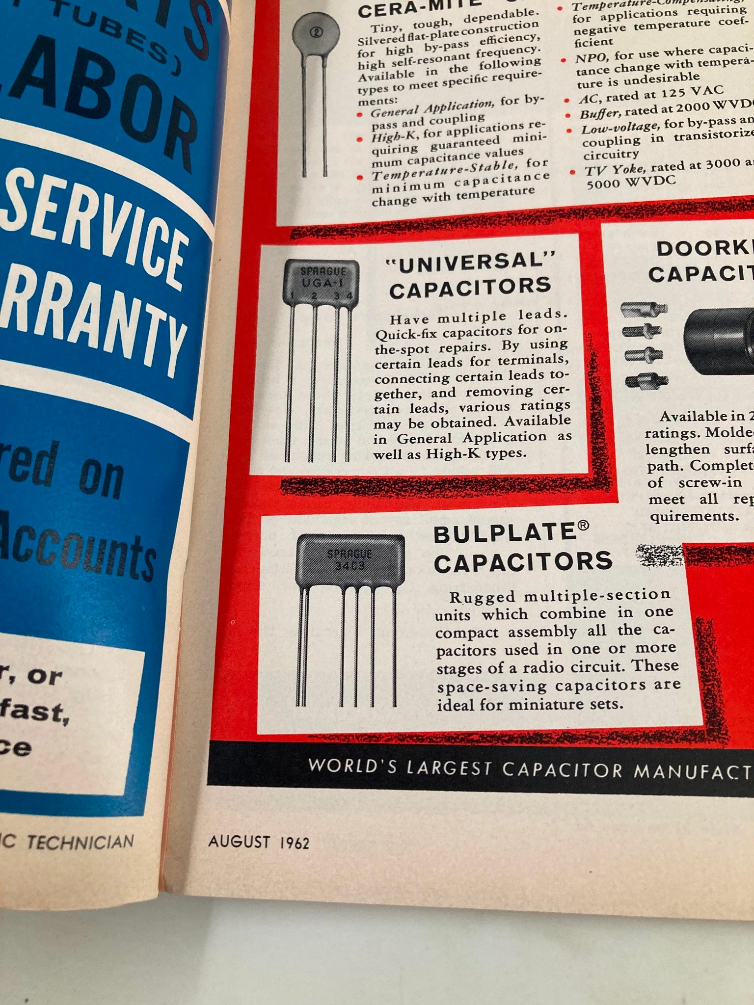 Inside page of VTG Electronic Technician Magazine August 1962 showcasing capacitor types and features with a focus on the 'Universal' and 'Bulplate' capacitors.