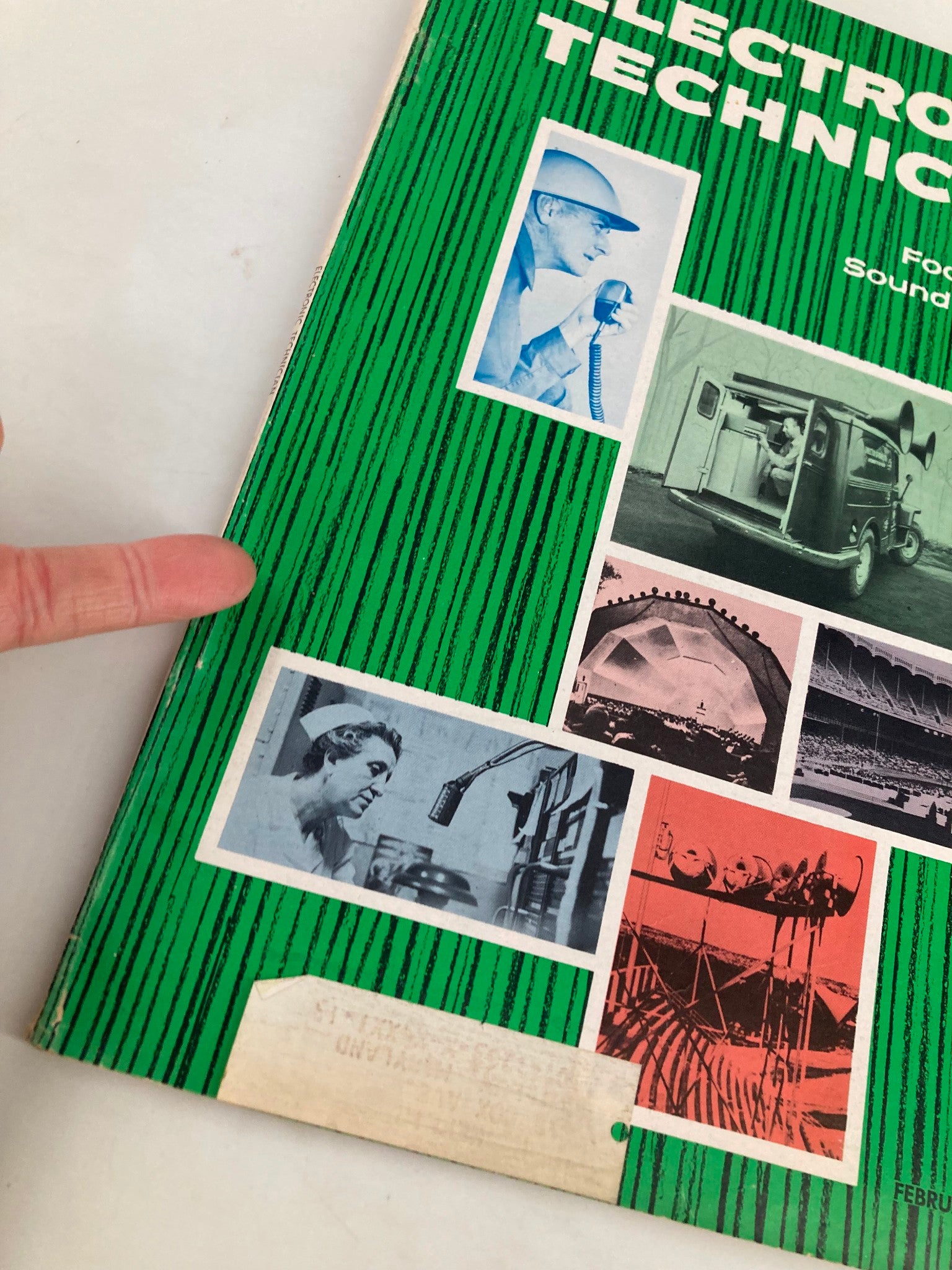 Close-up view of the cover of VTG Electronic Technician Magazine February 1963, showcasing sound systems and highlighting the magazine's title in bold lettering.