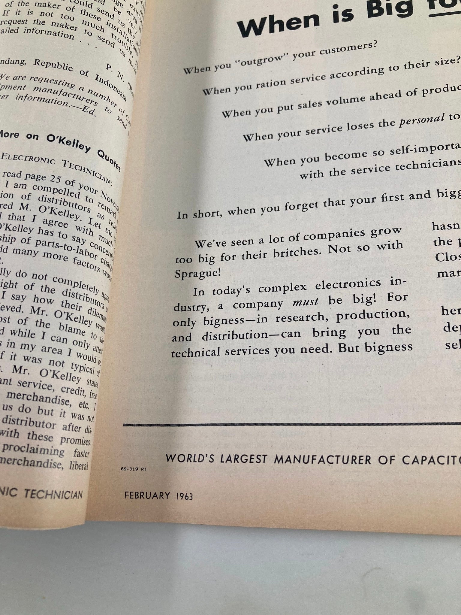 Interior page of VTG Electronic Technician Magazine February 1963, discussing key topics in electronics with a focus on industry insights and trends.