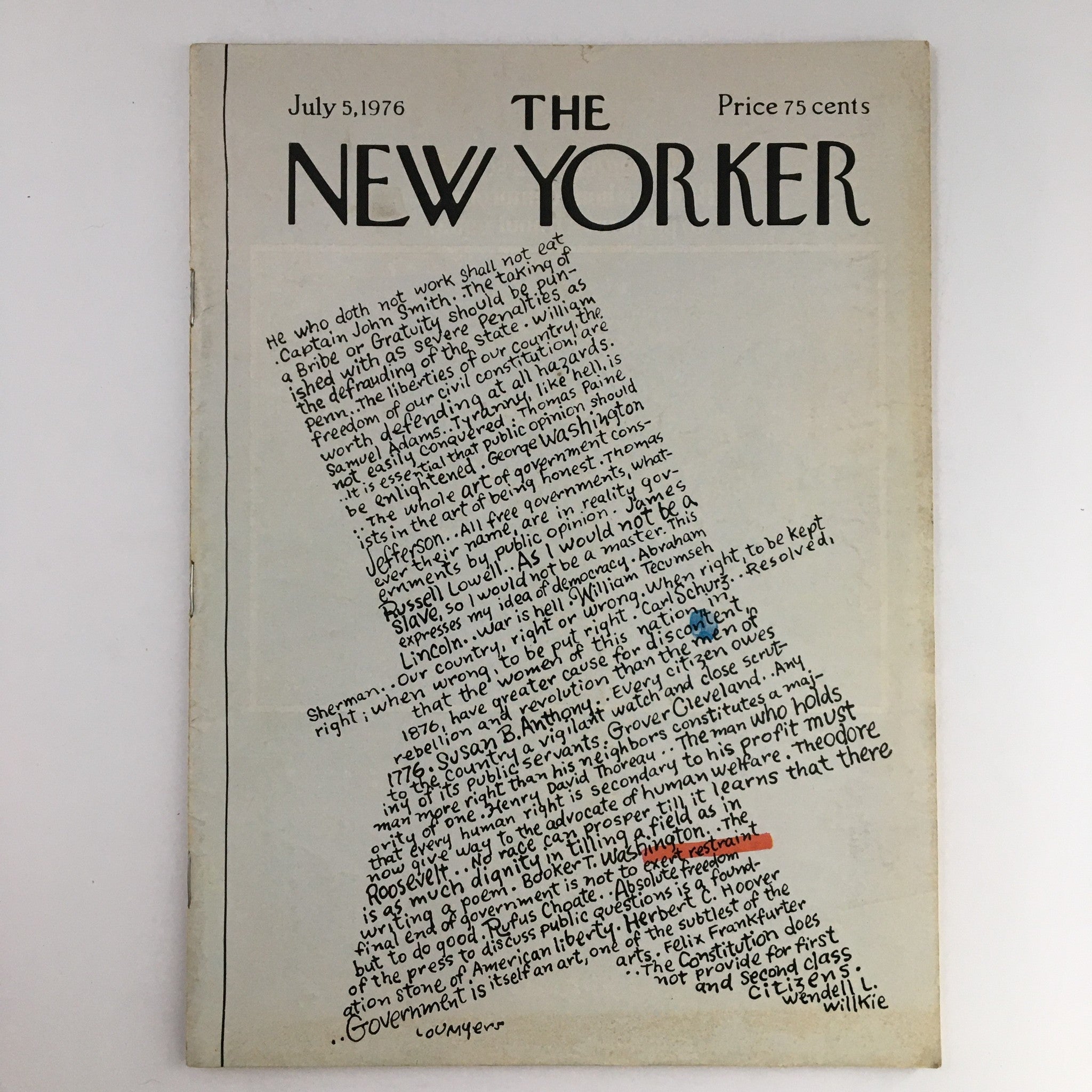 Cover of The New Yorker Magazine July 5 1976, featuring a unique artistic layout by Lou Myers, showcasing text and illustrations reflecting the cultural sentiment of the 1970s.