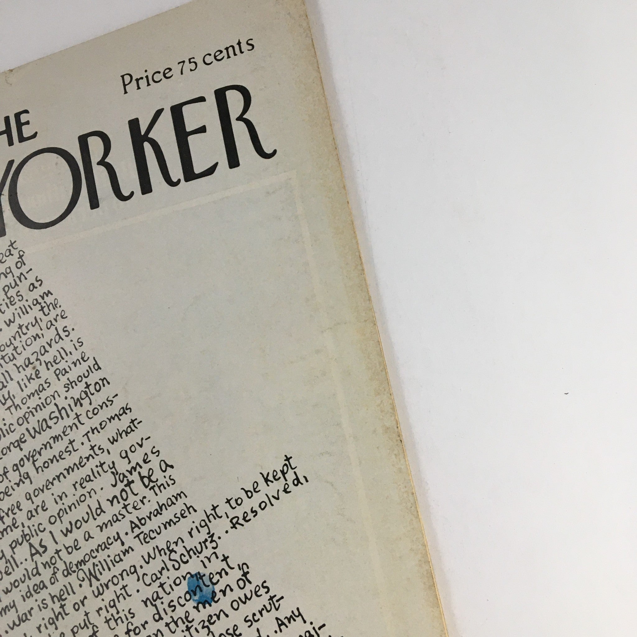 Side detail of The New Yorker Magazine July 5 1976 cover, revealing the title and artistic composition by Lou Myers, emphasizing vintage magazine aesthetics.