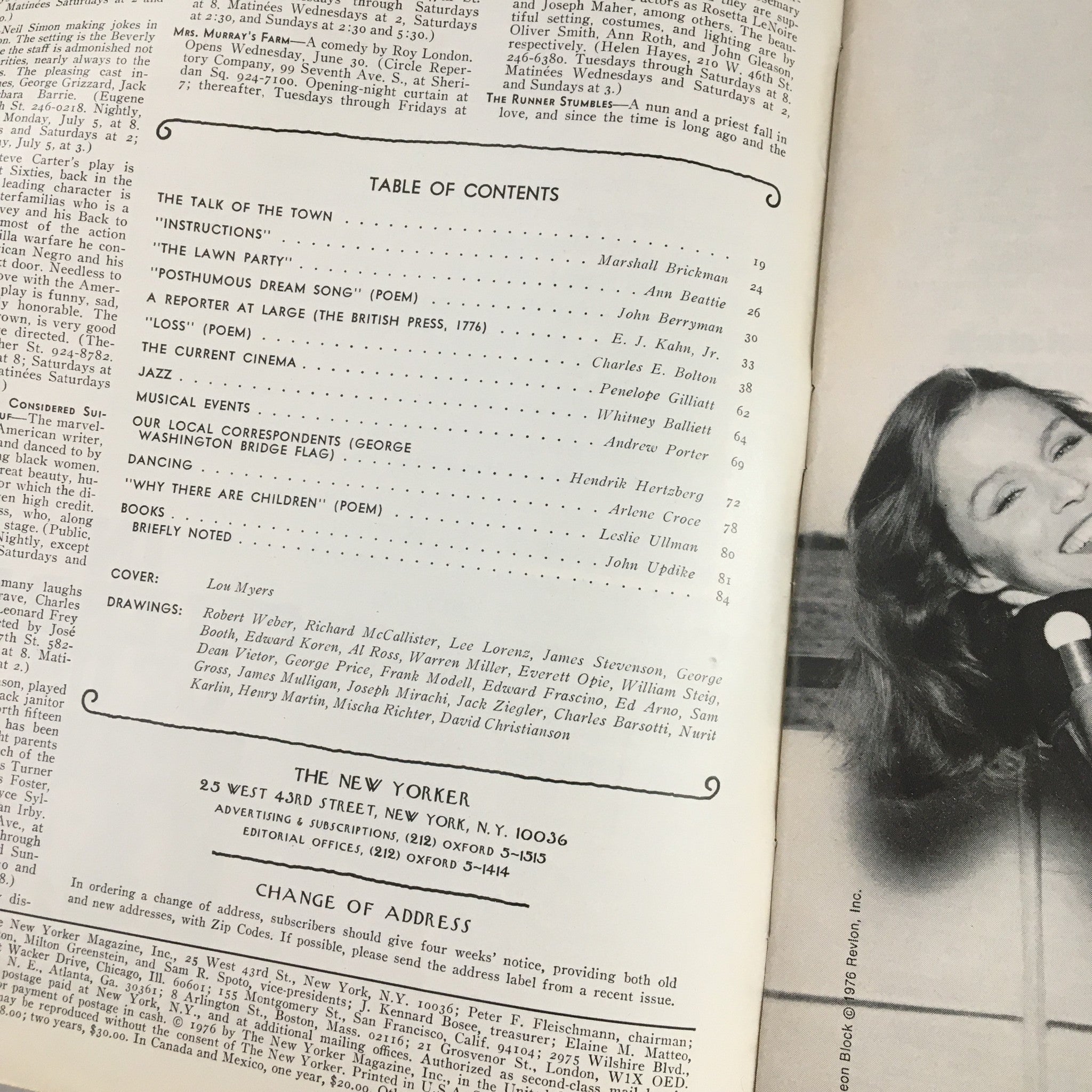 Table of contents page from The New Yorker Magazine July 5 1976, showcasing articles and contributions by various writers, including a cover by artist Lou Myers.