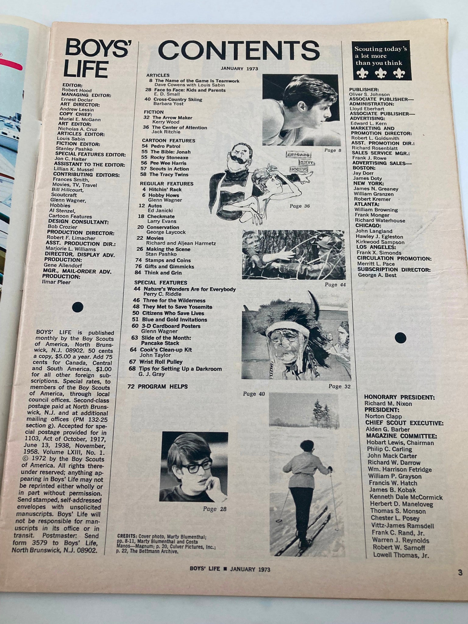 Table of contents from VTG Boys' Life Magazine January 1973, featuring articles on teamwork with Dave Cowens and Louis Sabin, along with various other features and illustrations.