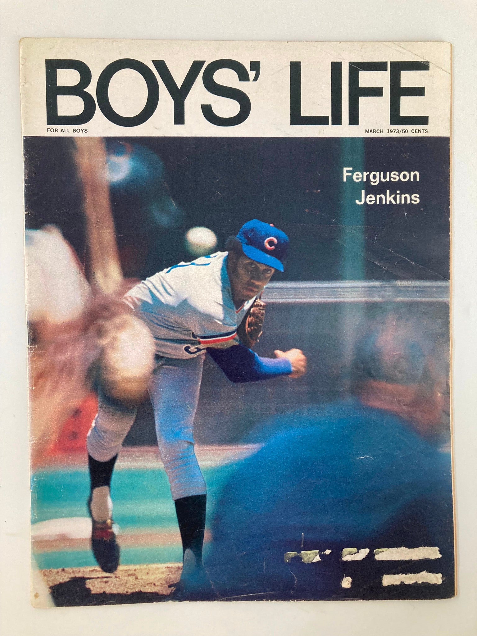 VTG Boys' Life Magazine March 1973 cover featuring Ferguson Jenkins, showcasing a dynamic image of the baseball player in action.
