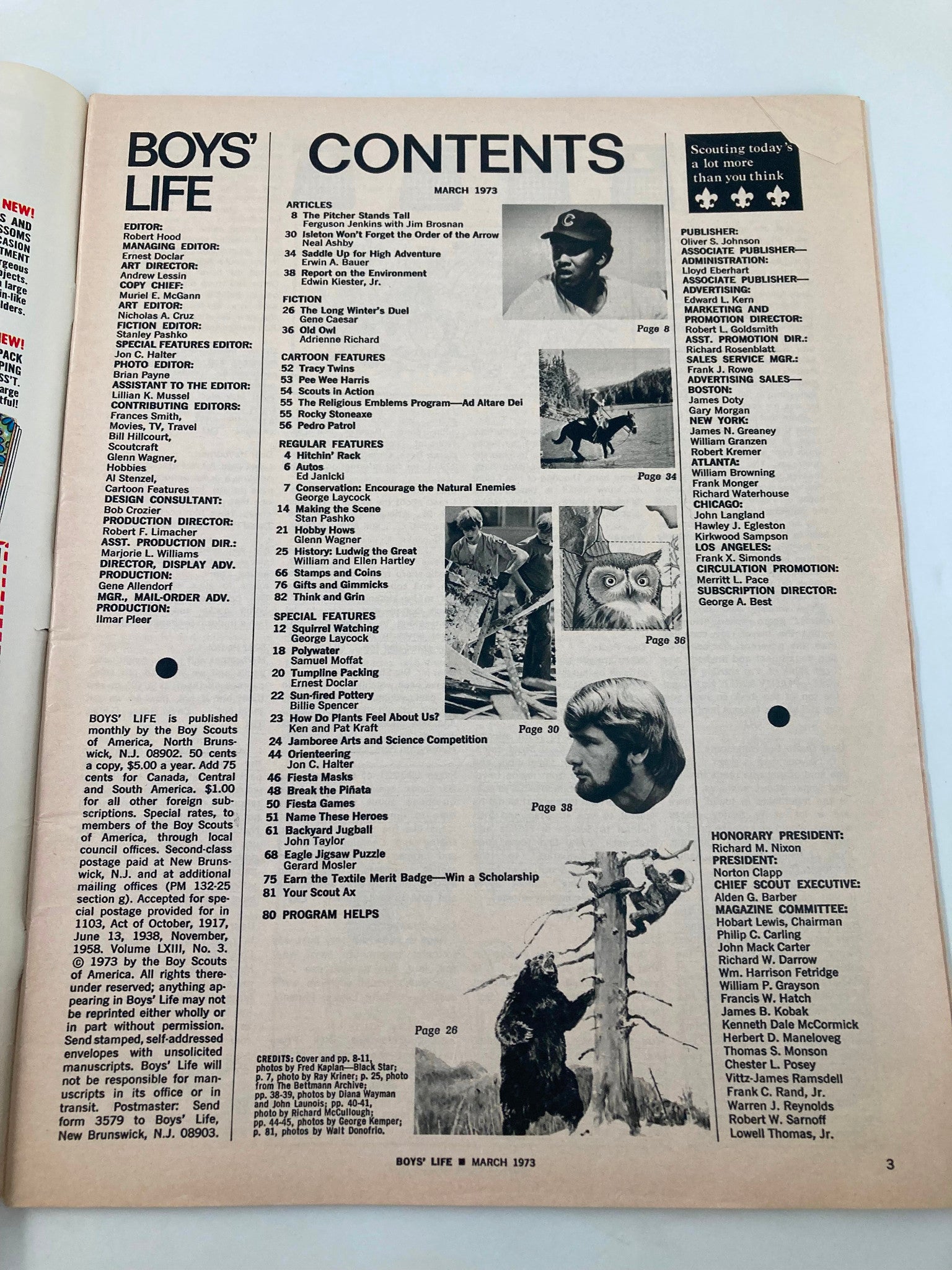 Inside page of VTG Boys' Life Magazine March 1973 displaying the contents section, highlighting articles and features related to baseball and scouting.