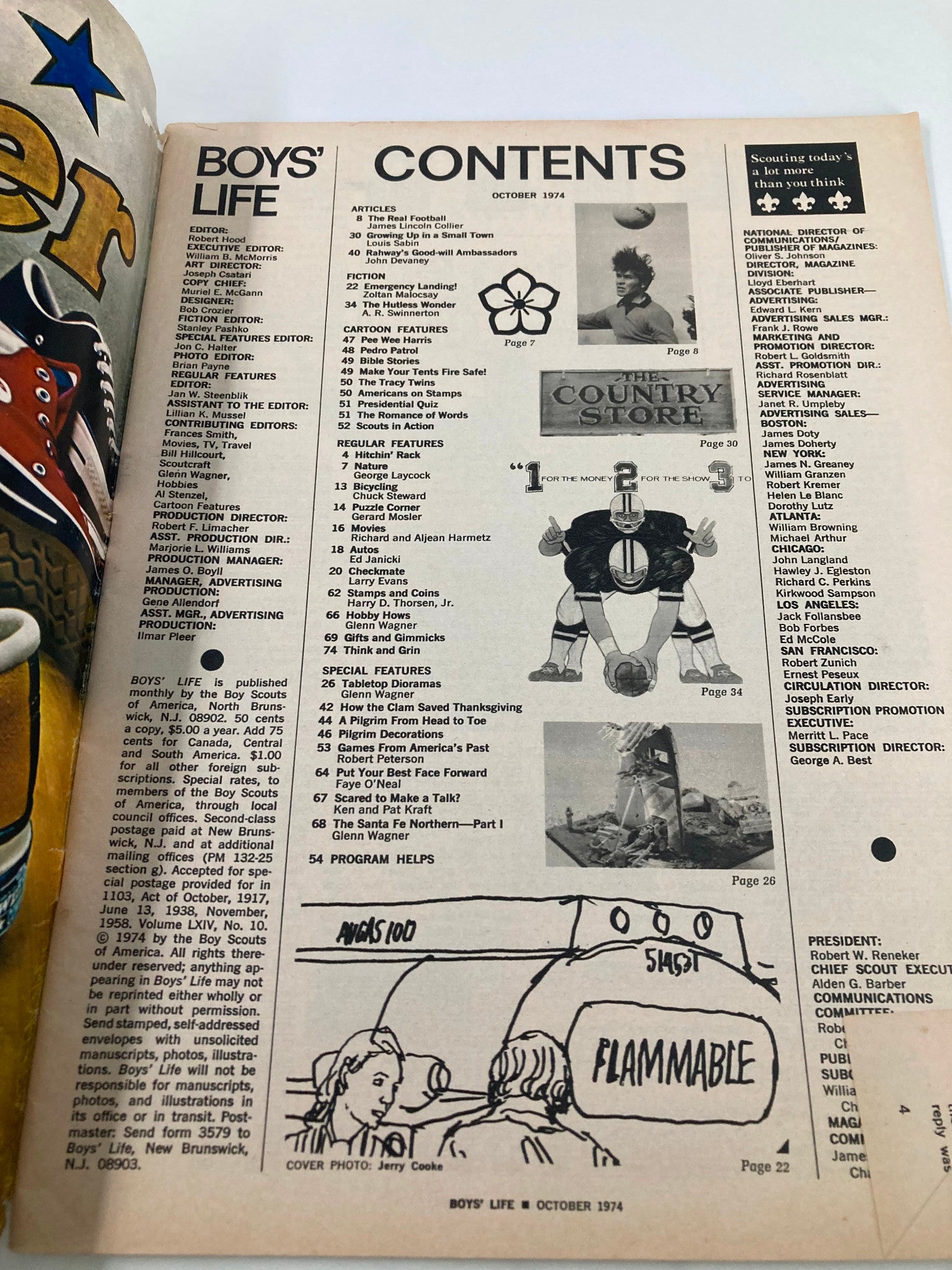 Contents page of VTG Boys' Life Magazine, October 1974, displaying featured articles and illustrations, including the article 'The Real Football' by James Lincoln Collier.