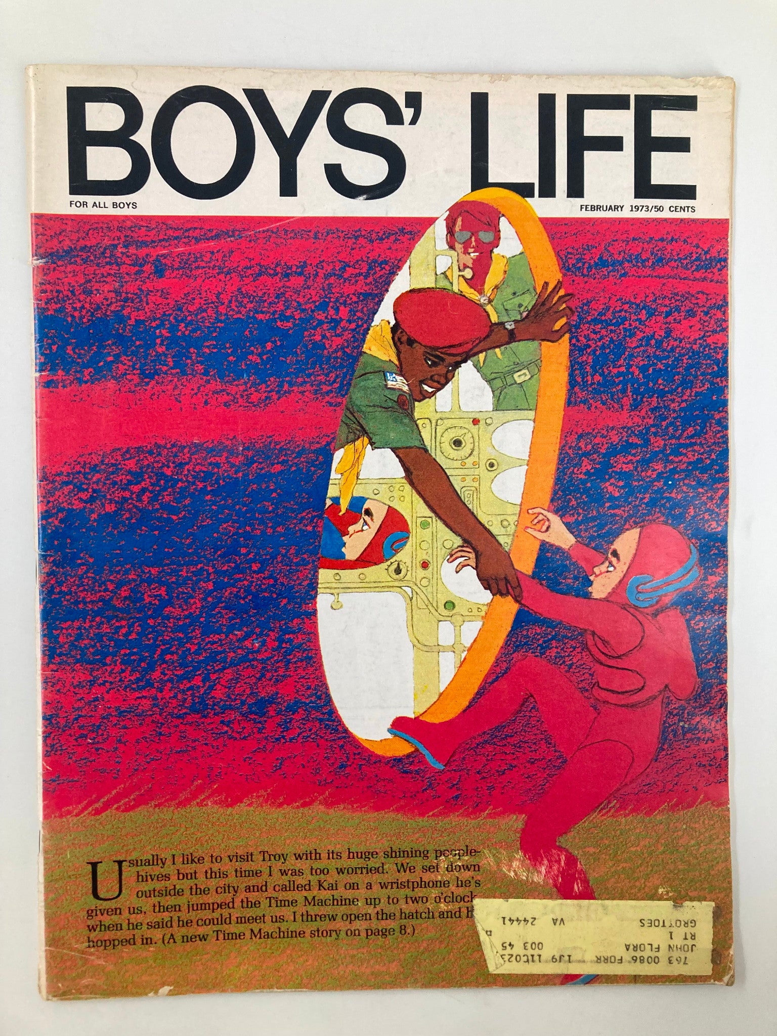 Cover of VTG Boys' Life Magazine February 1973 featuring colorful illustrations related to adventure, showcasing themes of camaraderie and youthful exploration.