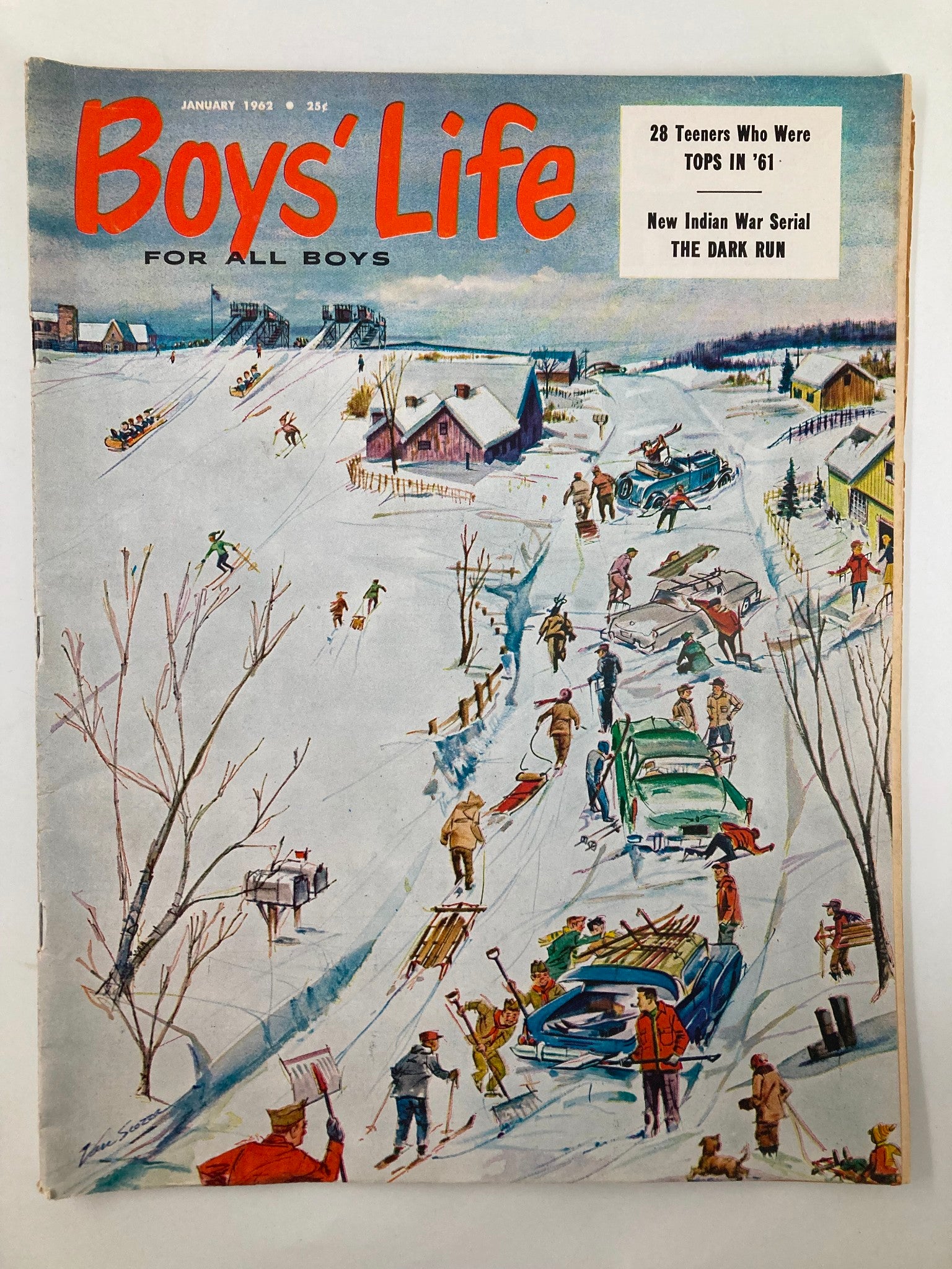 Cover of Boys' Life Magazine January 1962 featuring New Indian War Serial The Dark Run, showcasing vibrant winter scenery with children sledding and engaging in various winter activities.