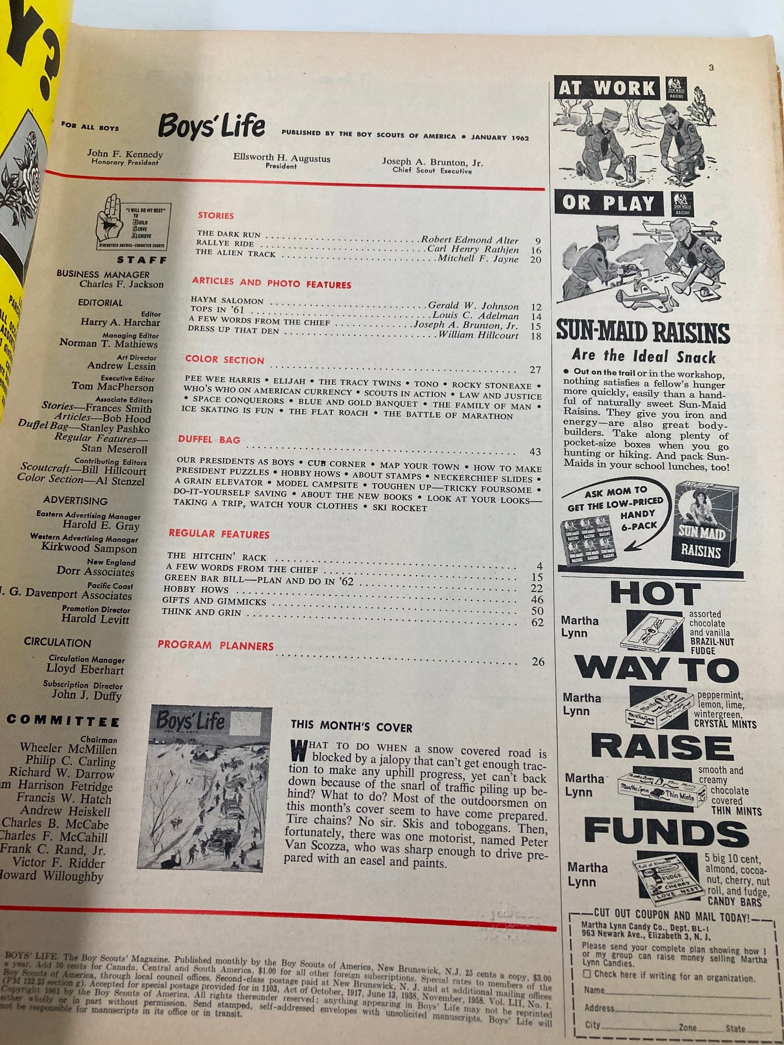 Interior page of Boys' Life Magazine January 1962, includes the title page with contributions from various authors, featuring content headlines and articles related to youth activities.