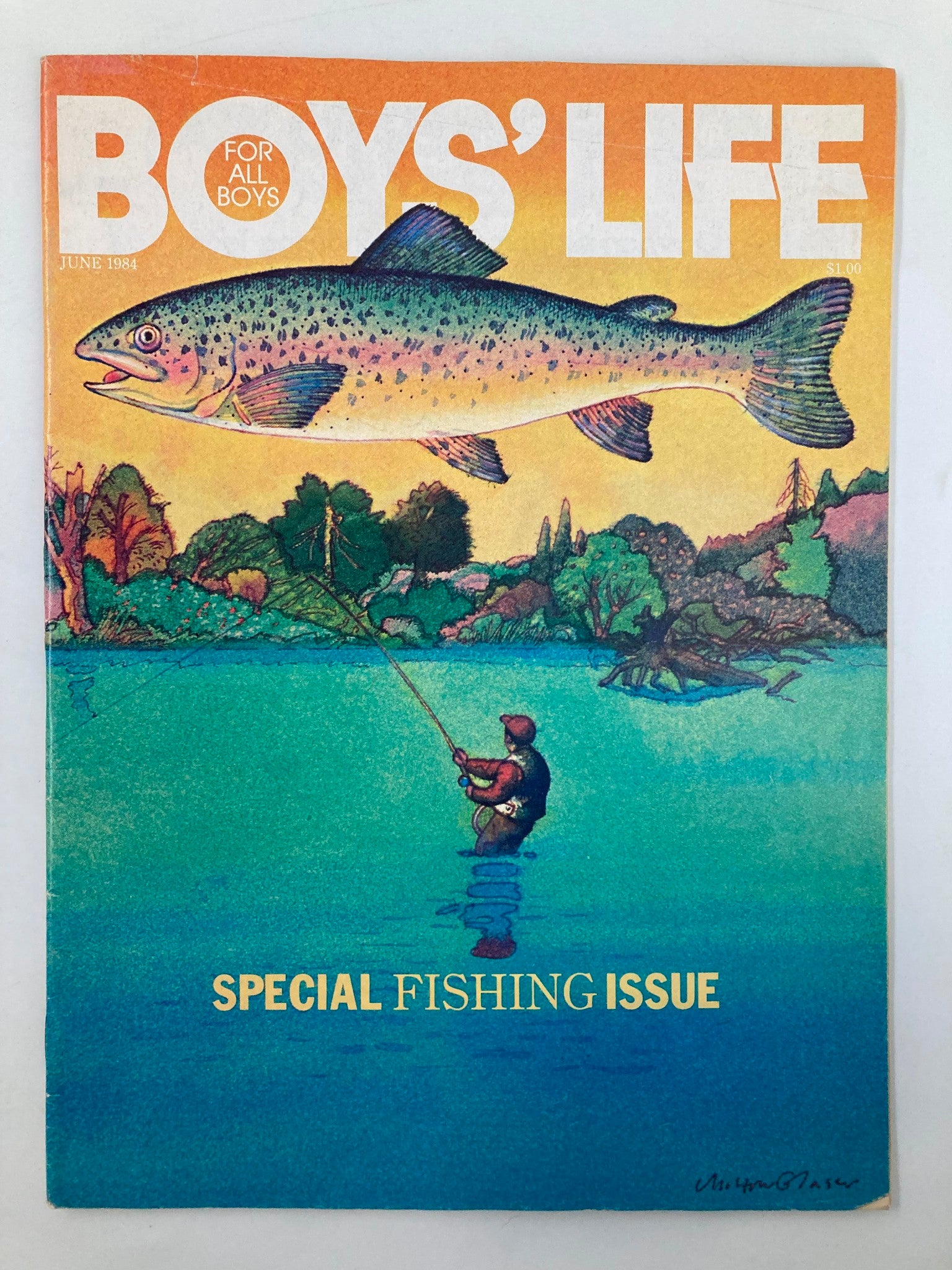 Cover of VTG Boys' Life Magazine from June 1984, featuring a colorful illustration of a fisherman casting a line in a scenic outdoor setting, titled 'Special Fishing Issue'.