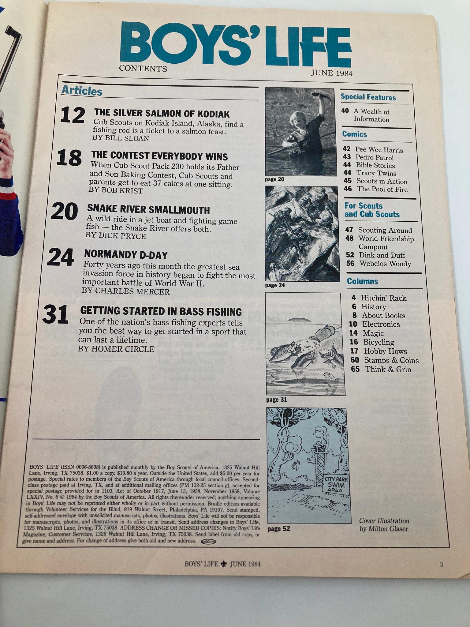 Contents page of the VTG Boys' Life Magazine June 1984 featuring articles such as 'The Silver Salmon of Kodiak,' outdoor adventures, and various features for scouts.