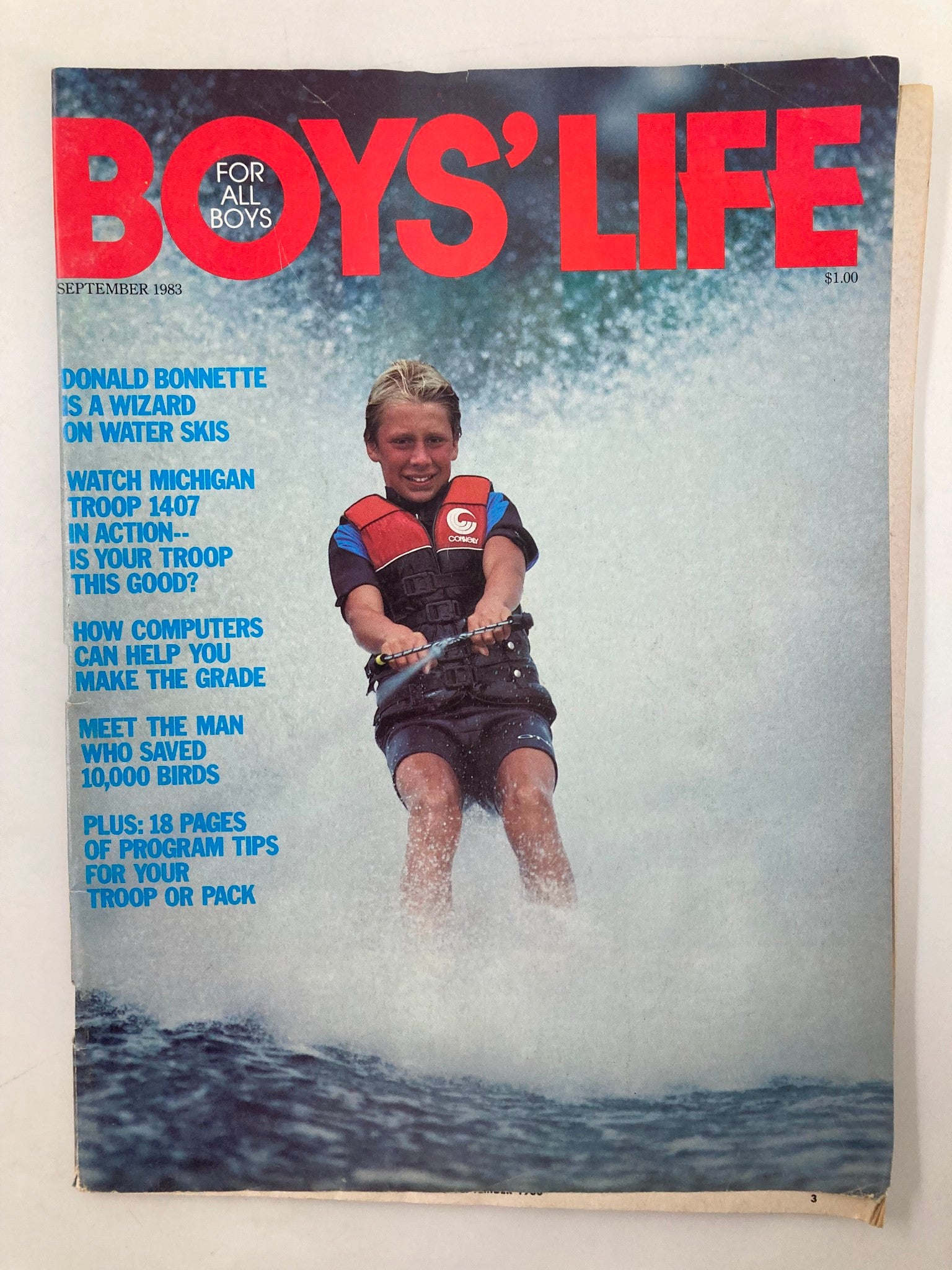 Cover of VTG Boys' Life Magazine September 1983 featuring the article 'A Wizard On Water Skis' by Donald Bonnette, showcasing a young boy enjoying water skiing.