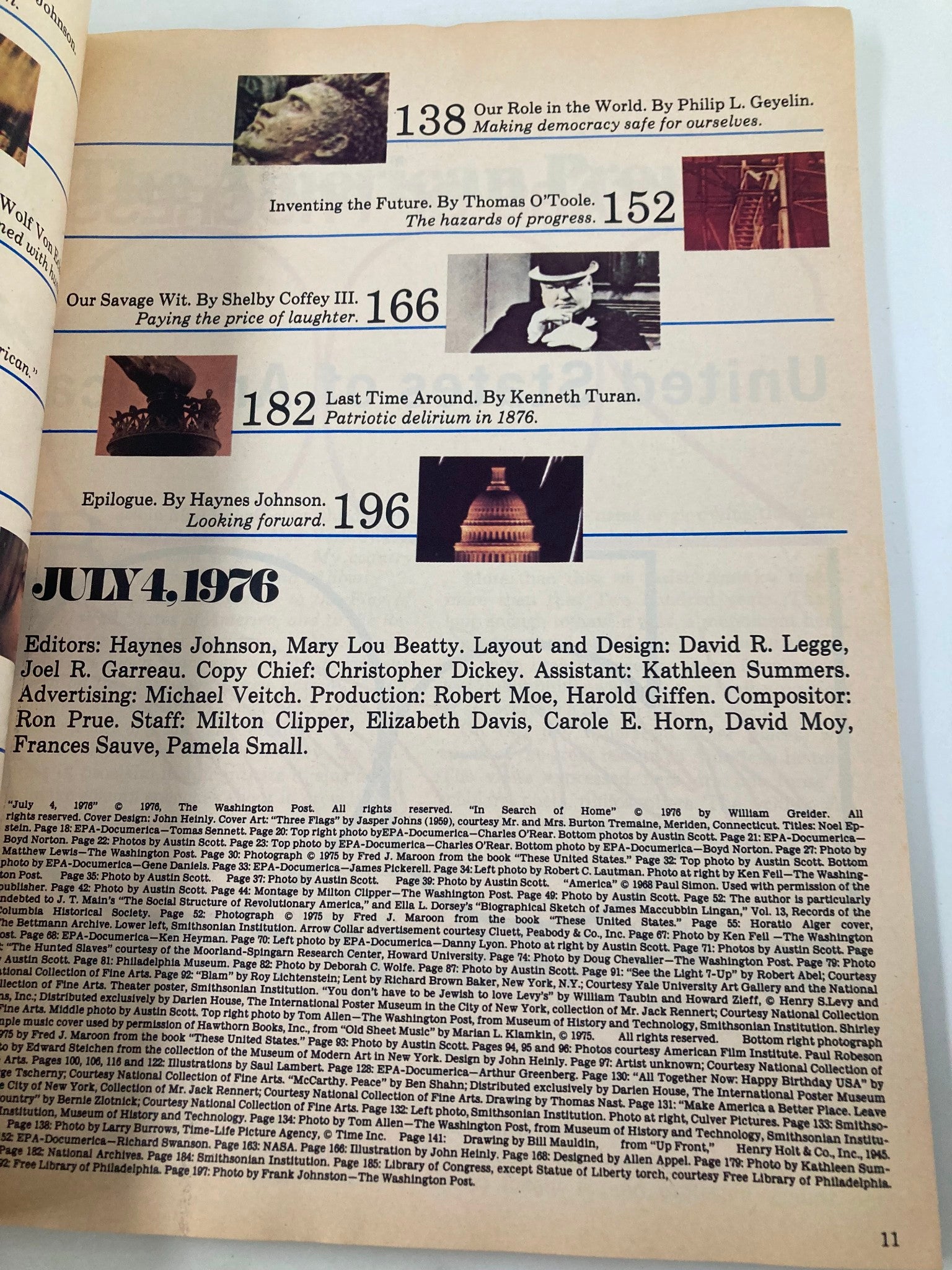 VTG The Washington Post Magazine July 4 1976 showing page with article titles including 'Our Role in the World' and 'Looking forward'.
