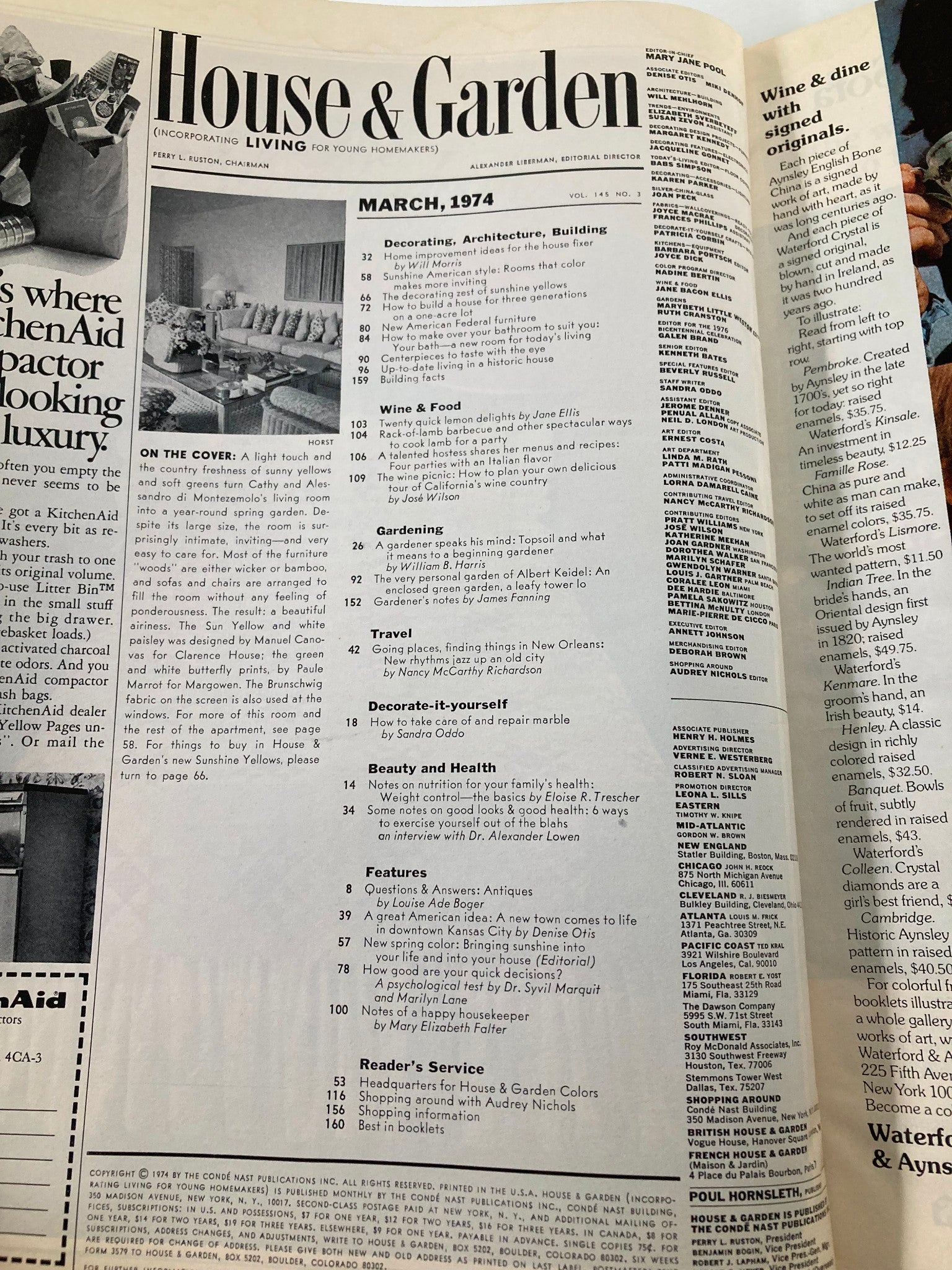Contents page of VTG House & Garden Magazine March 1974 listing various articles including Wine & Food, Gardening, and Decor topics related to home improvement and design.