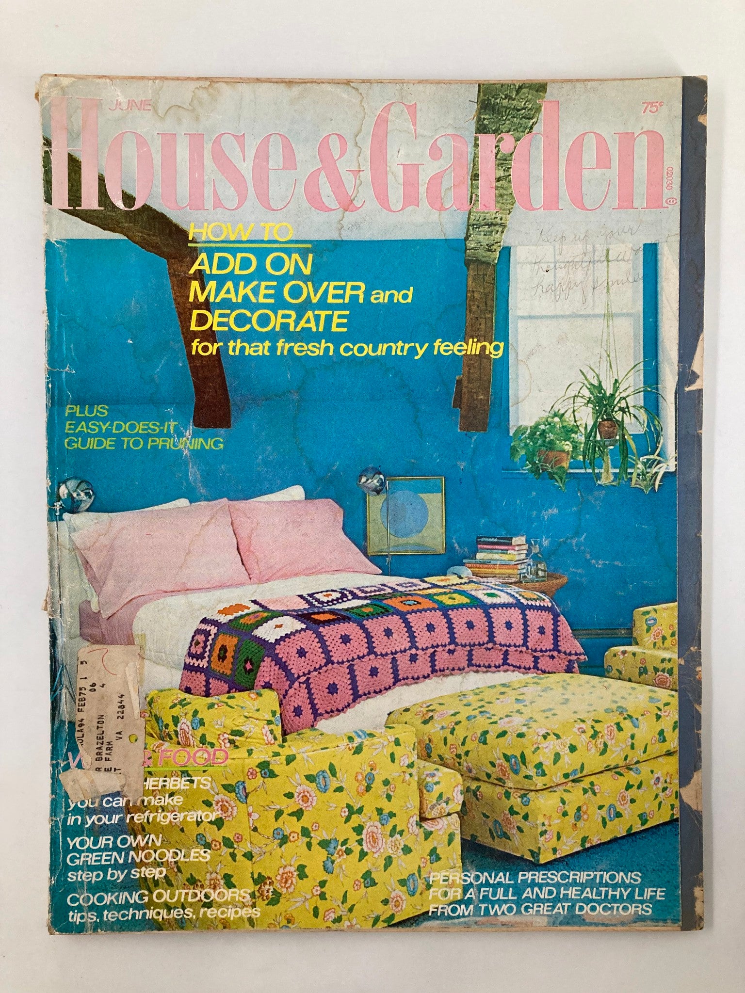 Cover of the VTG Better Homes & Gardens Magazine June 1974 featuring the title 'Easy-Does-It Guide to Pruning' along with colorful floral patterns in a vibrant home setting.
