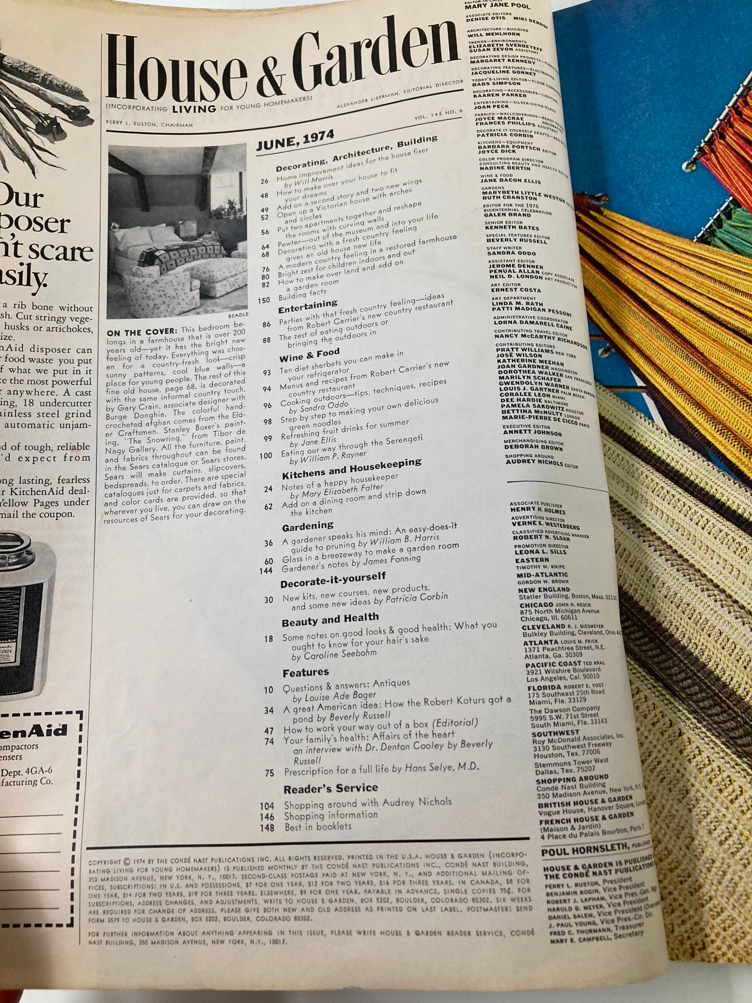 Interior page of the VTG Better Homes & Gardens Magazine June 1974 listing articles including 'Easy-Does-It Guide to Pruning'.