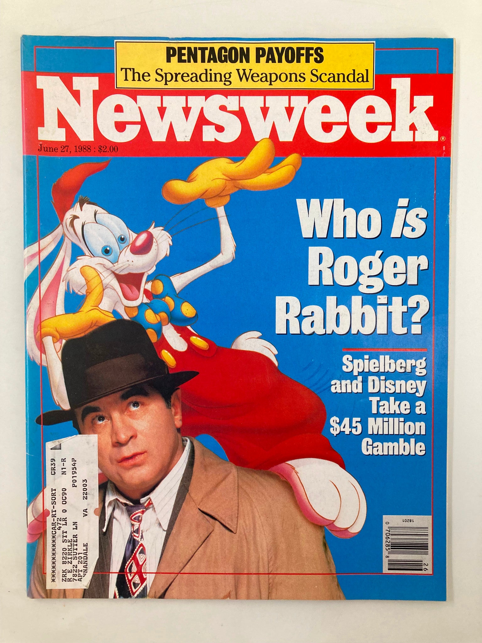VTG Newsweek Magazine June 27 1988 featuring Disney's Bob Hoskins and Roger Rabbit on the cover, with headlines discussing who Roger Rabbit is and a mention of Spielberg and Disney's $45 Million Gamble.