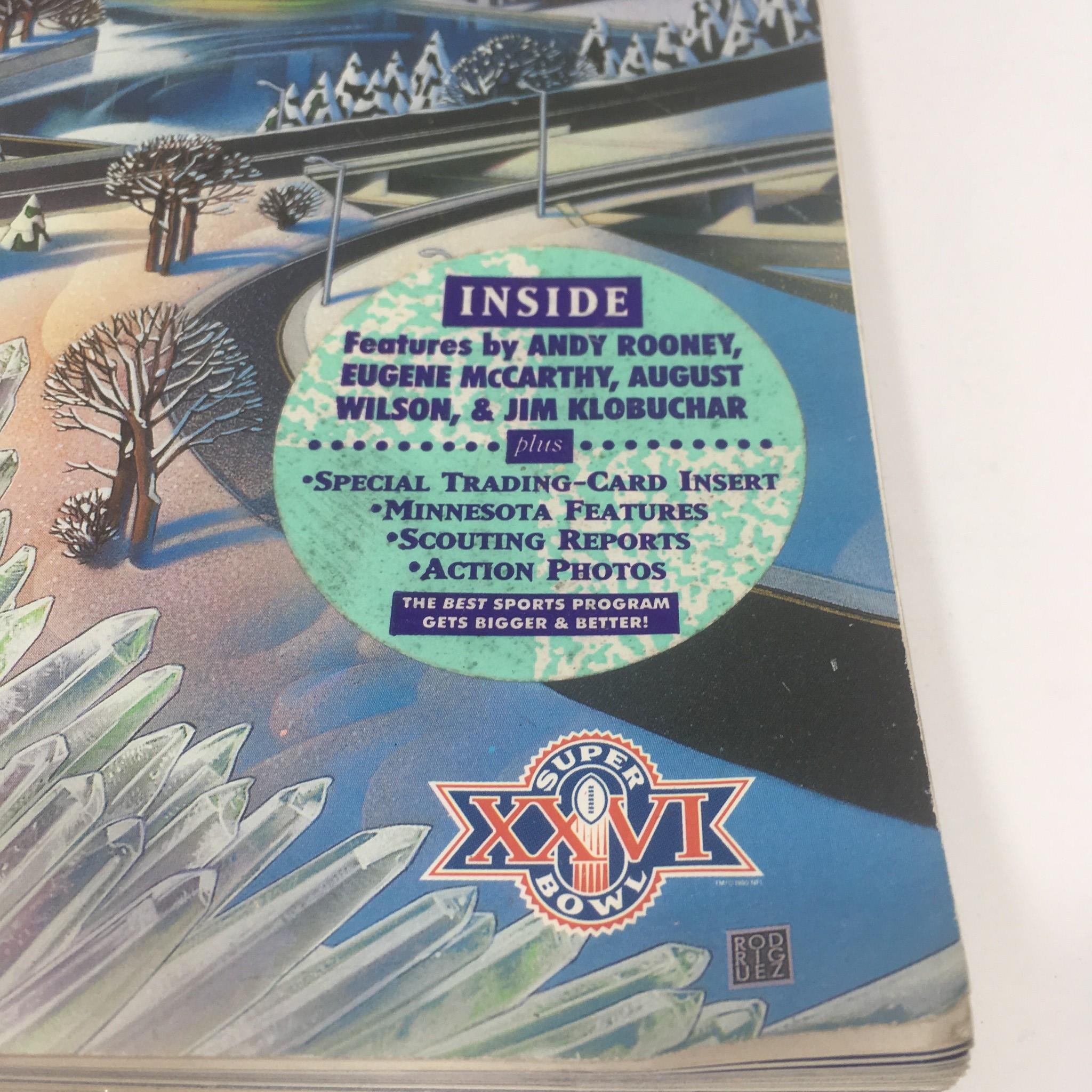 Inside structure of the Super Bowl XXVI Game Program, January 26, 1992, highlighting featured articles and special trading-card inserts.