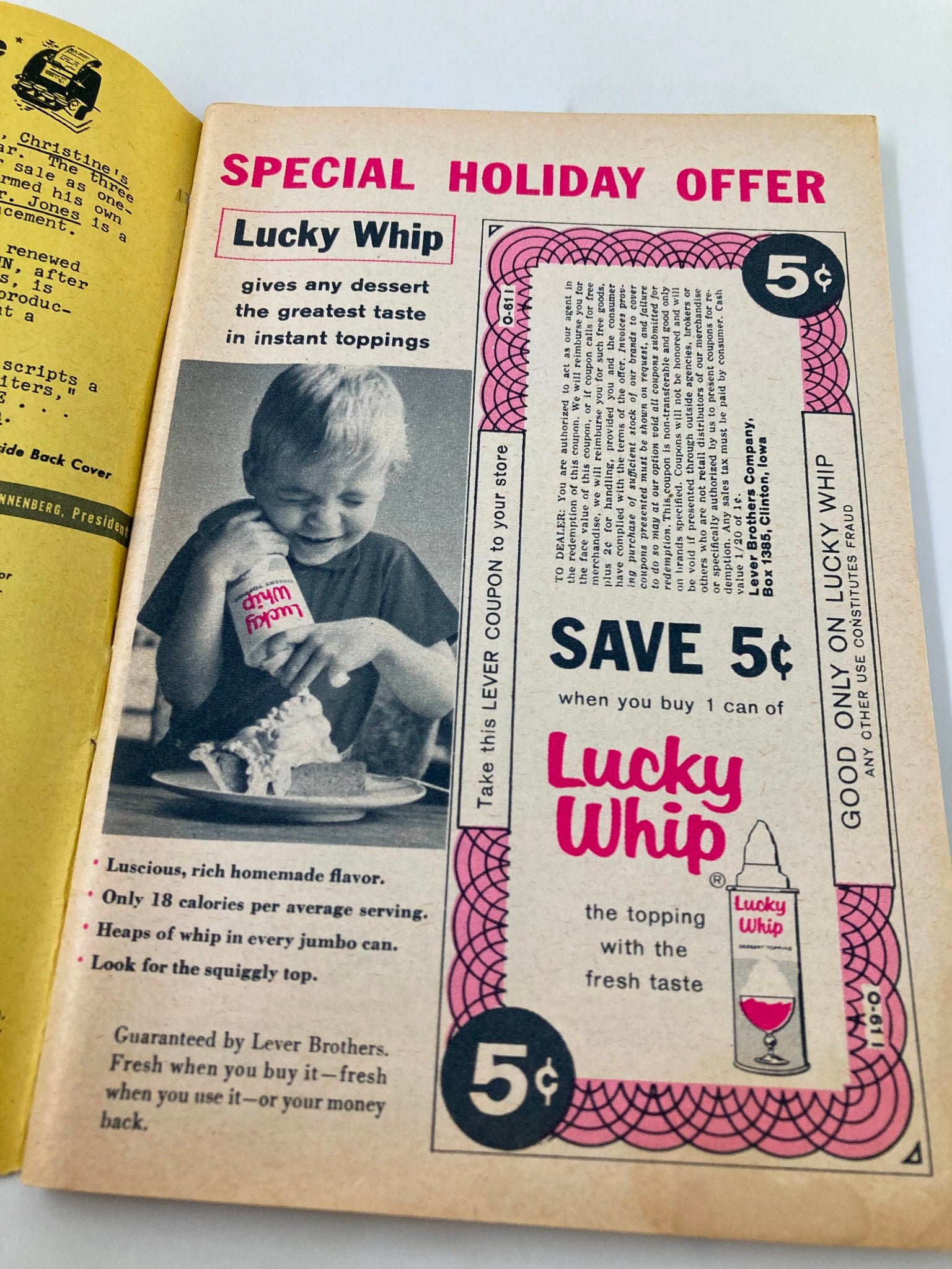 Inside page advertisement of Lucky Whip from TV Guide Magazine November 18 1961, illustrating a child enjoying dessert with Lucky Whip topping.