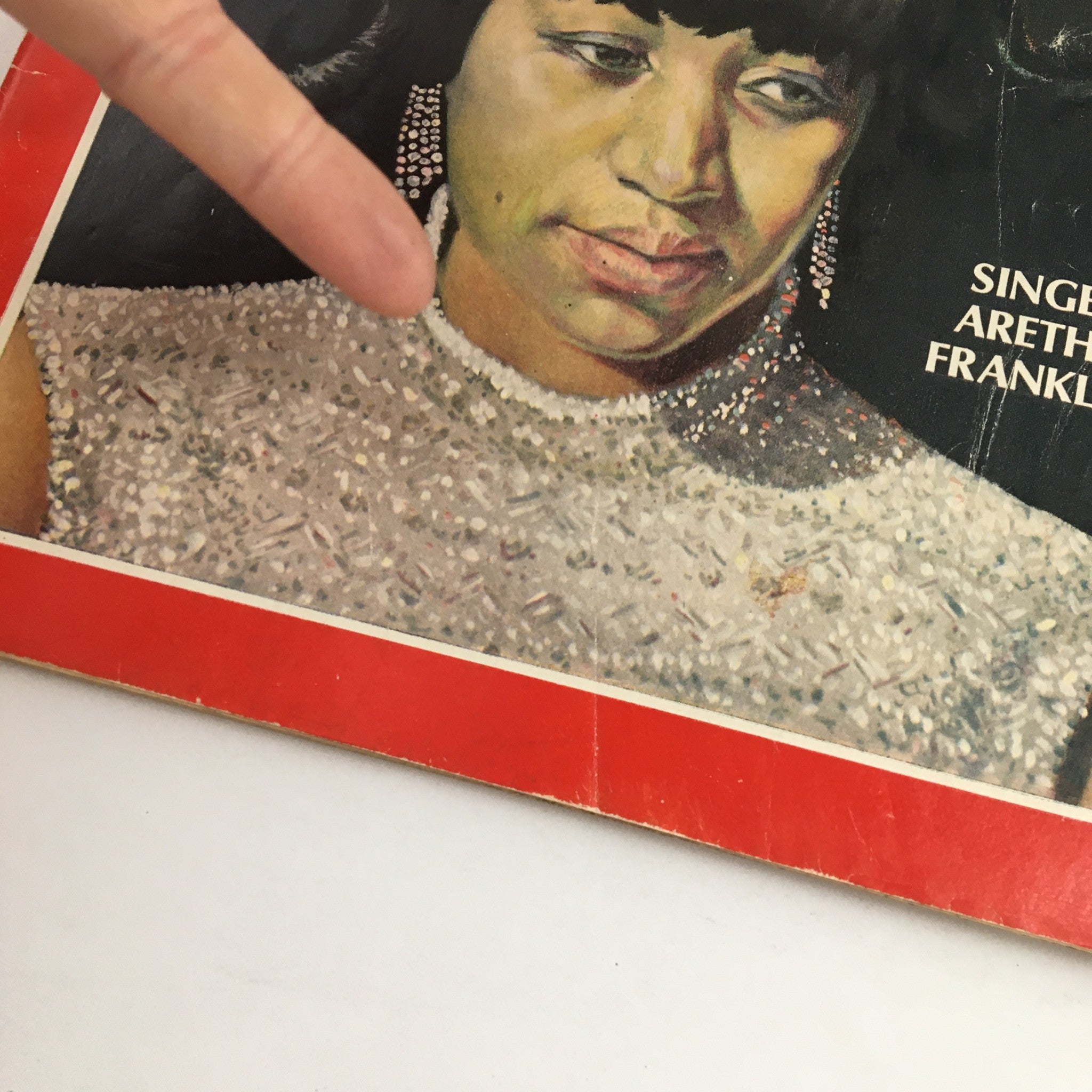 Close-up of Aretha Franklin on the cover of Time Magazine June 28 1968, wearing a sparkling outfit, capturing her essence as the Queen of Soul.