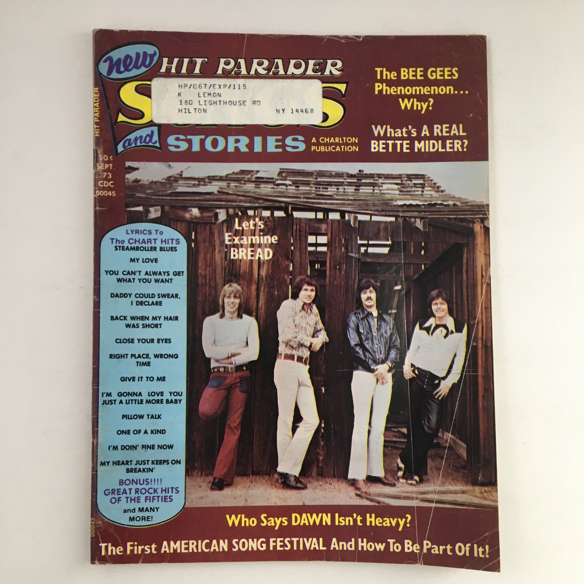 Cover of Hit Parader Magazine September 1973 featuring The Bee Gees and an examination of Bread. Includes additional headlines about pop culture and music trends of the era.