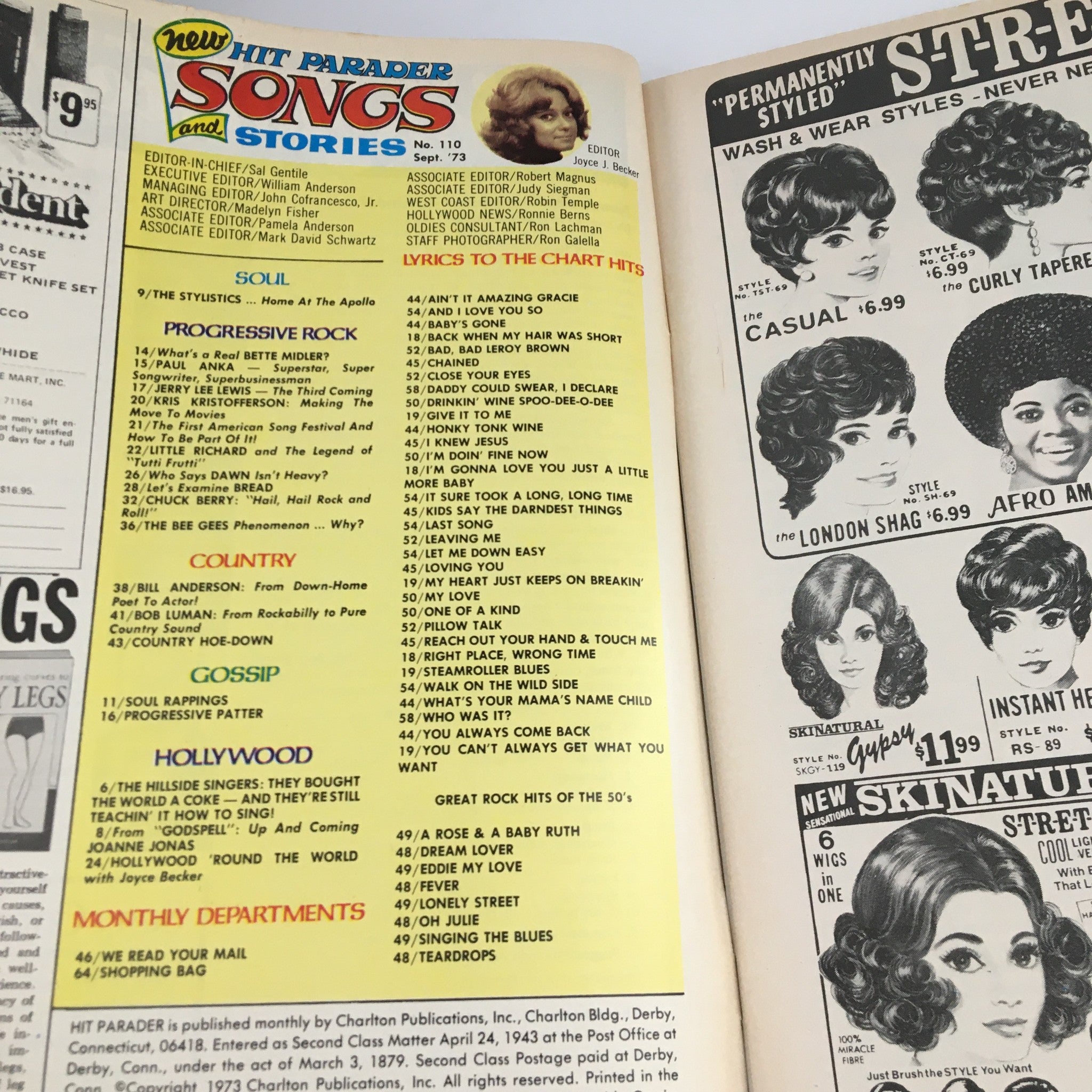 Interior pages of Hit Parader Magazine September 1973 detailing chart hits and featuring notable artists, including a section dedicated to the Bee Gees phenomenon.
