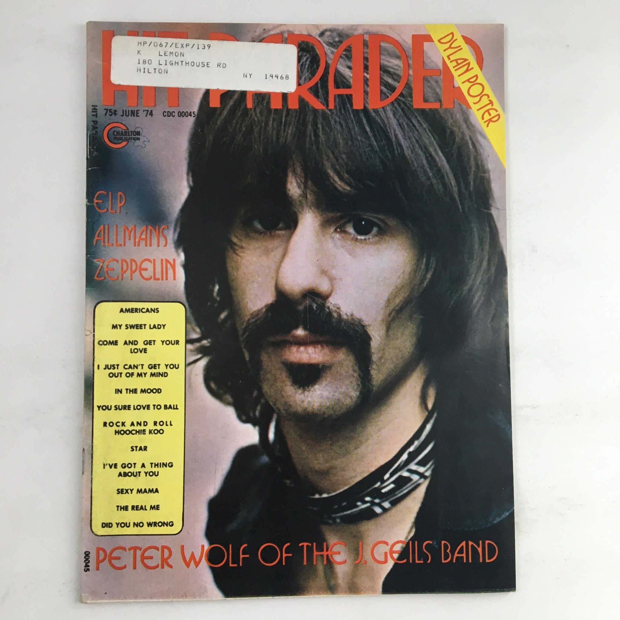 Cover of Hit Parader Magazine June 1974 featuring Peter Wolf of the J. Geils Band, along with highlights of Emerson, Lake & Palmer, The Allman Brothers, and Led Zeppelin.