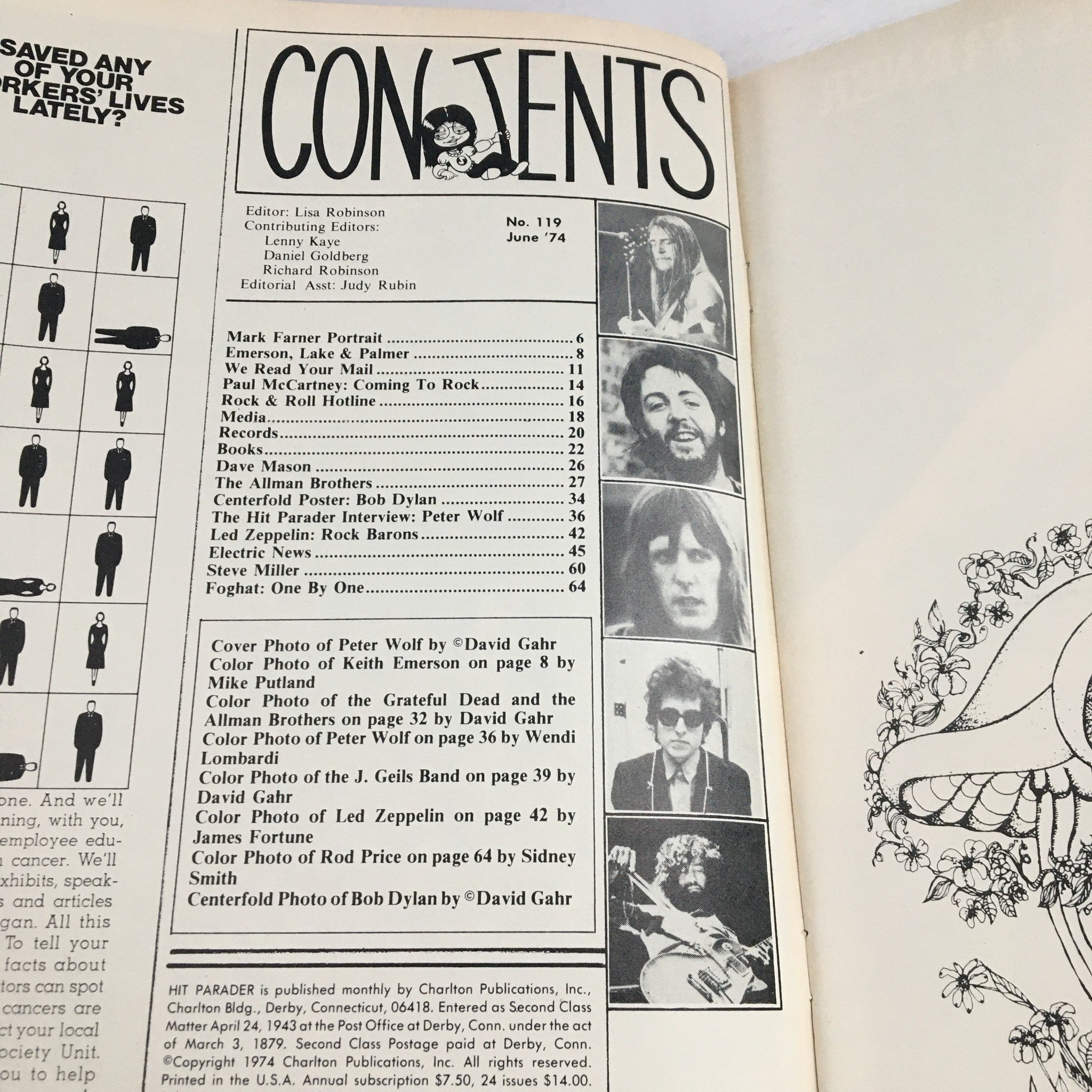 Contents page of Hit Parader Magazine June 1974 showcasing featured articles and images including Peter Wolf interview and profiles on iconic bands.