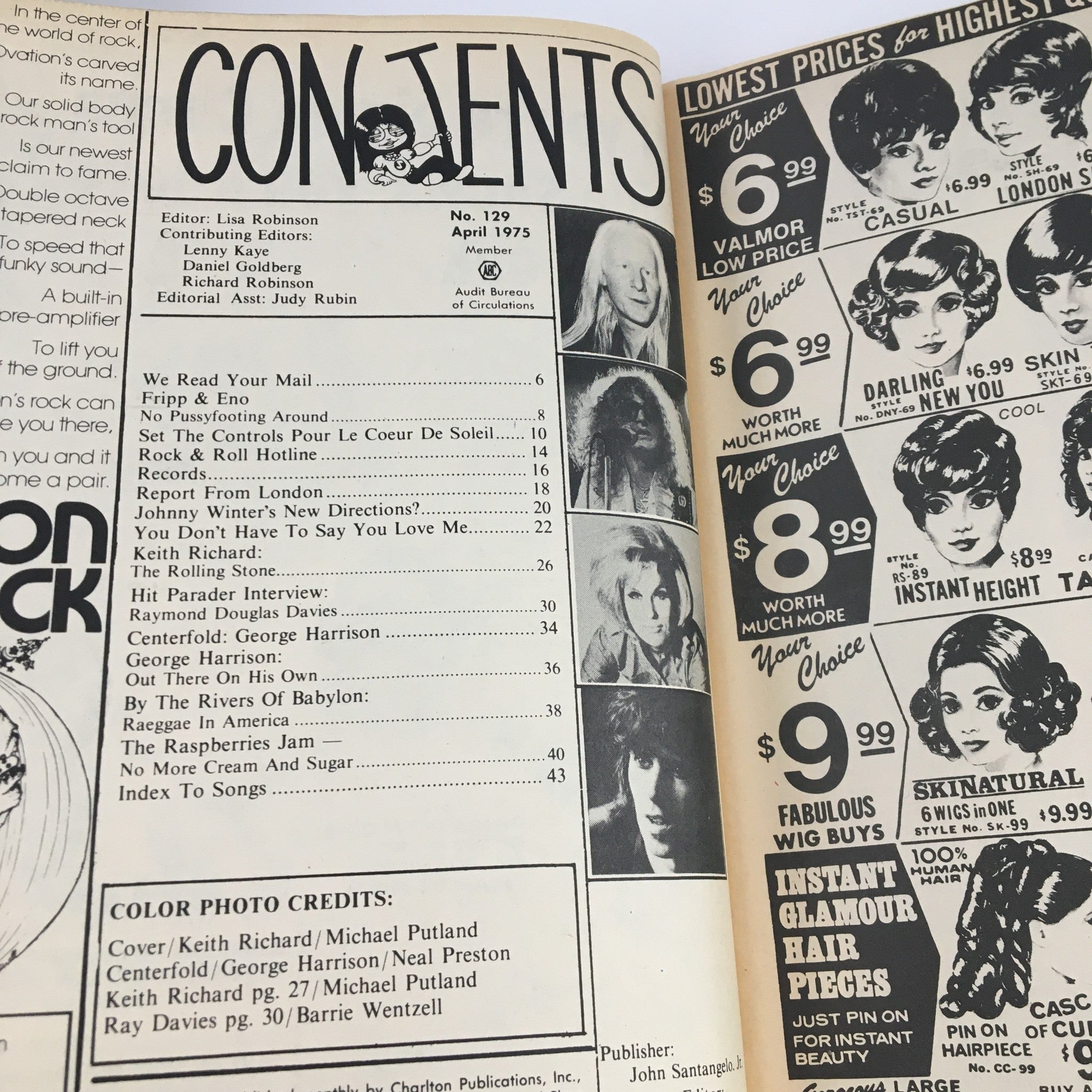 Contents page of Hit Parader Magazine April 1975 listing articles on music legends including Keith Richard, Johnny Winter, and Ray Davies, highlighting the vintage rock scene.