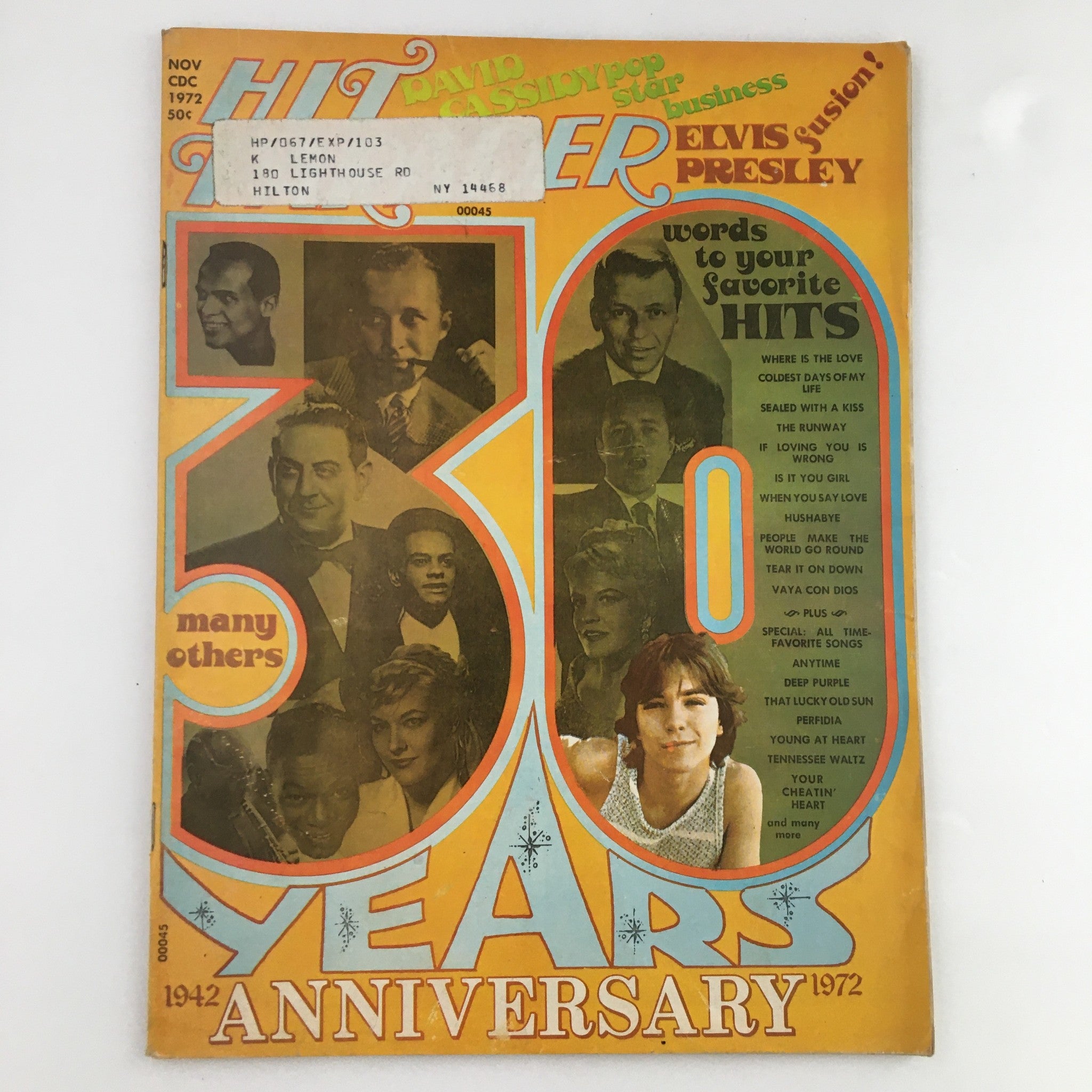 Hit Parader Magazine November 1972 featuring David Cassidy, Elvis Presley, and Joe Cocker, showcasing a vibrant cover with a 30th anniversary theme.