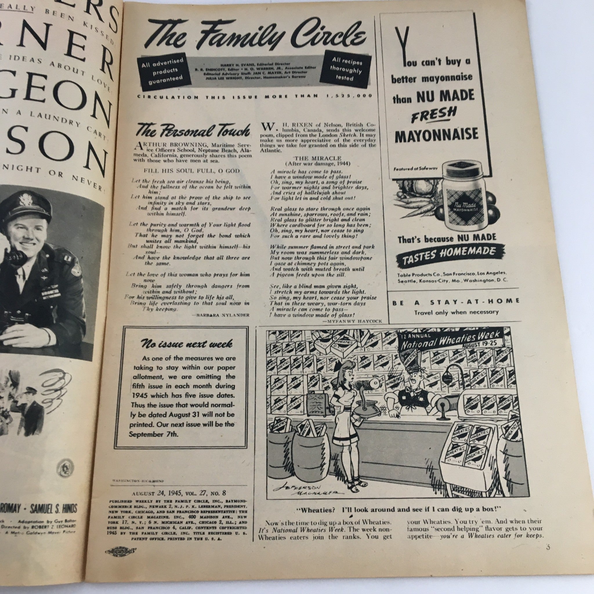 Interior page of The Family Circle Magazine August 24 1945 showcasing articles and advertisements reflecting the post-war era, featuring a personal touch letter and a Wheat cereals promotion.