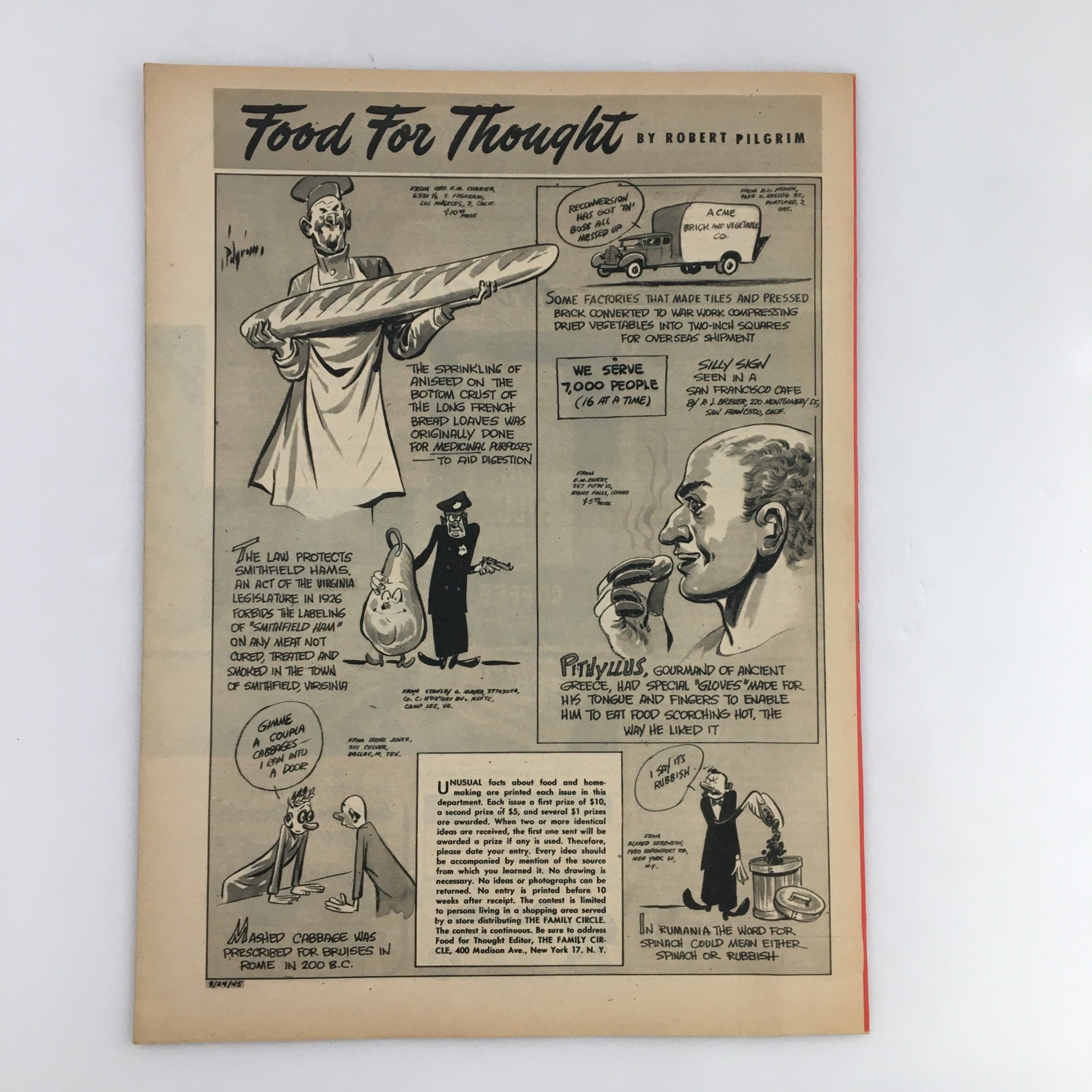 Illustration from The Family Circle Magazine August 24 1945 titled 'Food For Thought' by Robert Pilgrim, showcasing whimsical drawings and culinary information reflecting historical food culture.