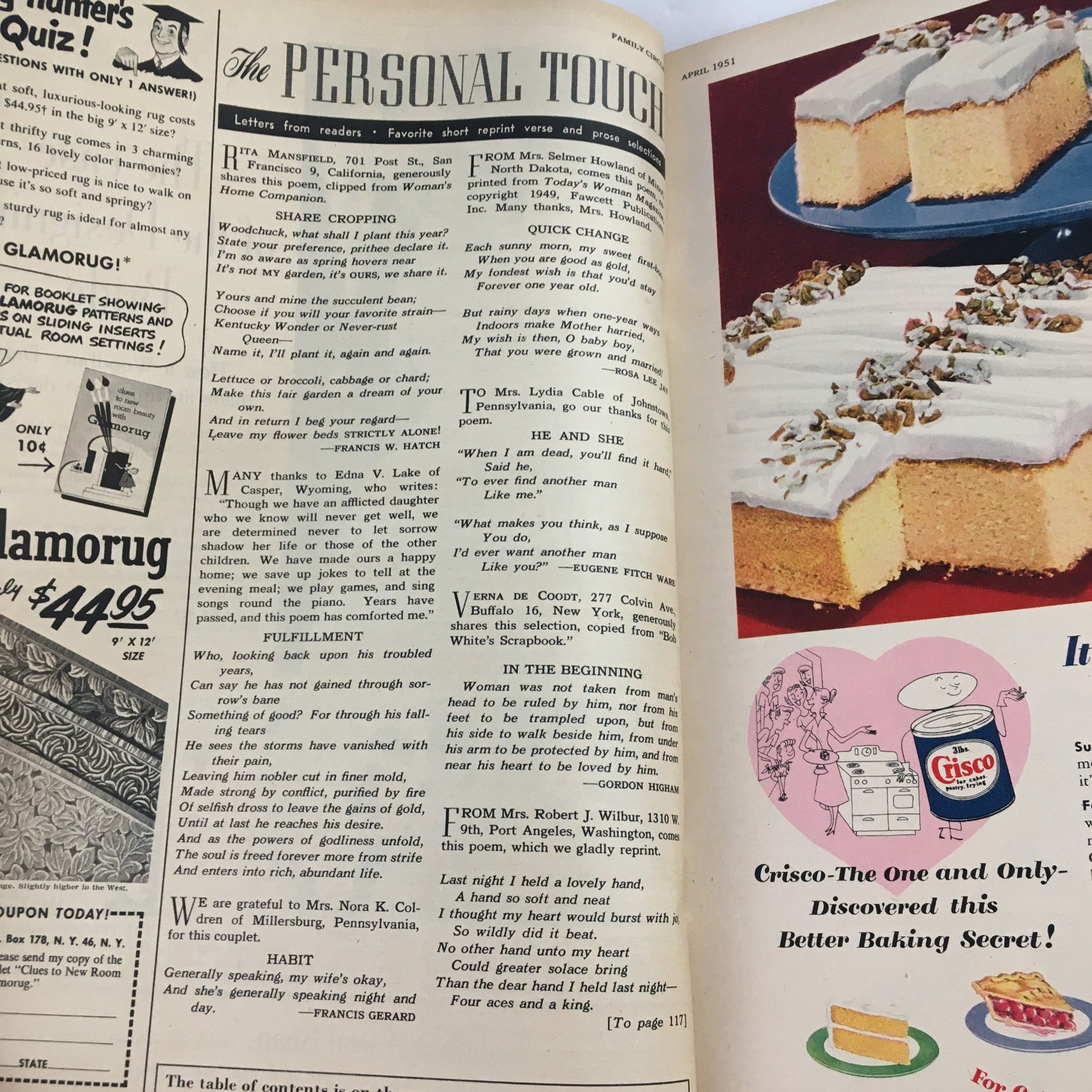 Inside pages of The Family Circle Magazine April 1951 showcasing the 'Personal Touch' letters section and advertisements, reflecting the era's culinary and lifestyle trends.