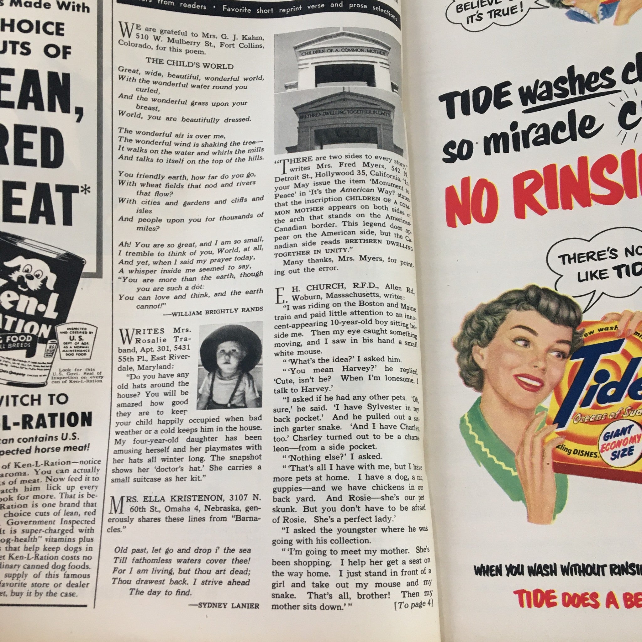 Inside pages of The Family Circle Magazine August 1950, showcasing vintage advertisements and articles, reflecting the cultural aspects of the era.