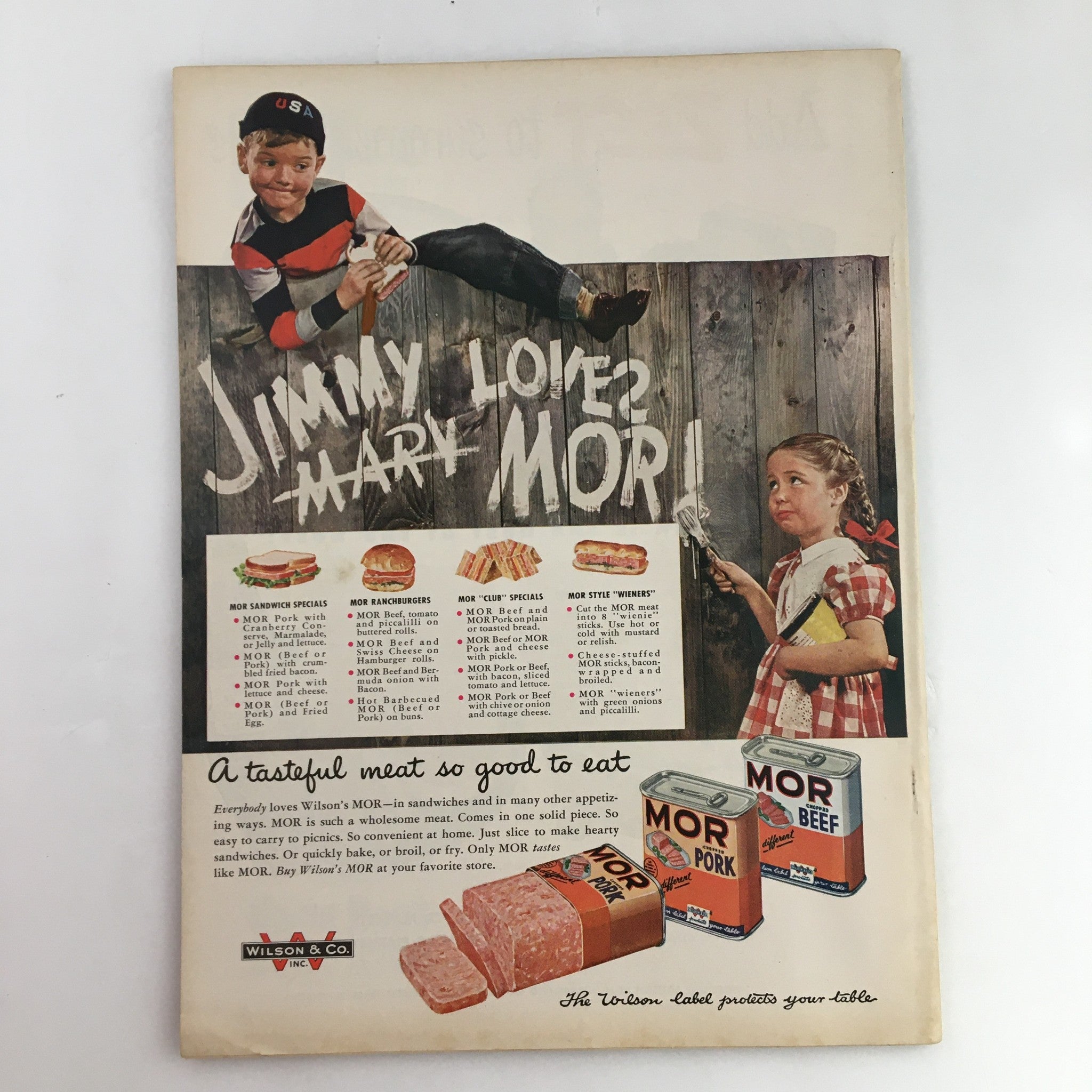 Vintage advertisement featuring children promoting MOR meat products, showcased in The Family Circle Magazine August 1950, with the tagline 'Jimmy Loves? Mark MOR!'